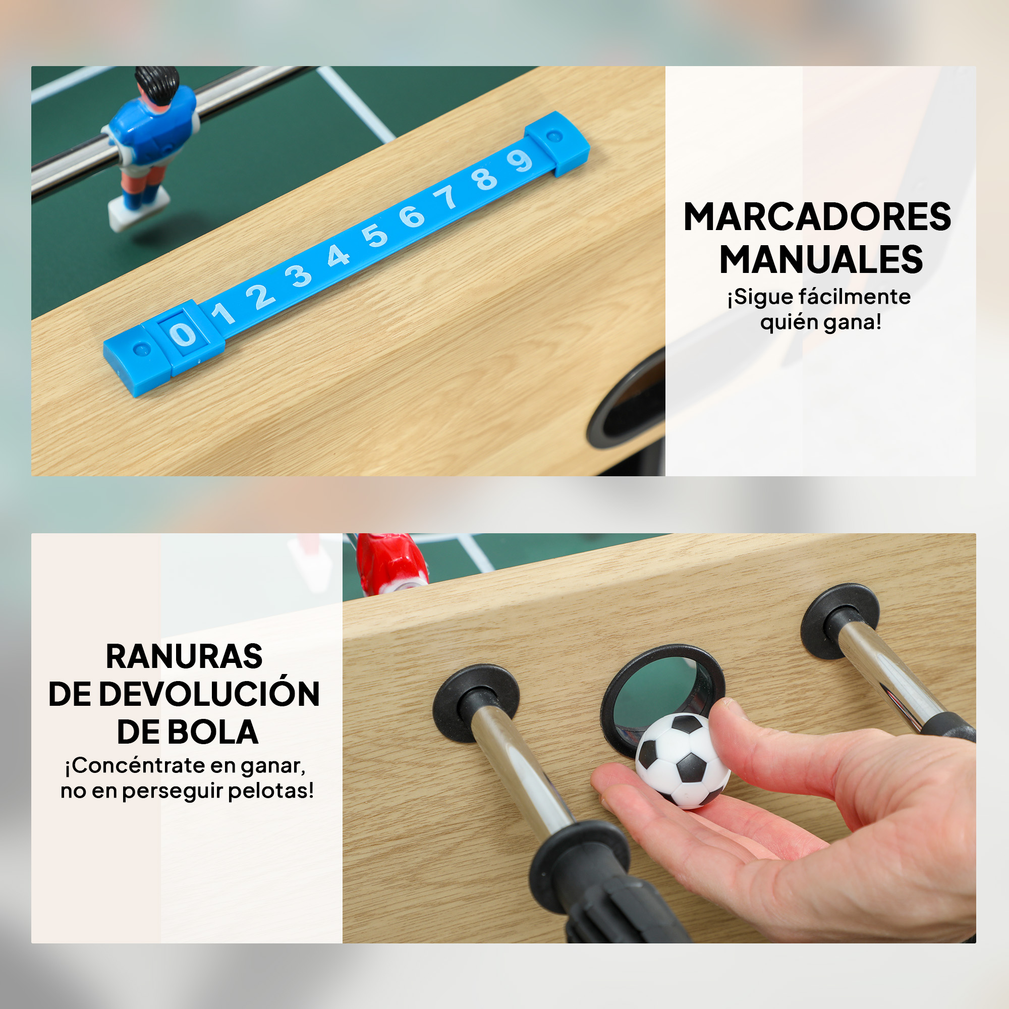 Futbolín con marcadores manuales y ranuras de devolución de bola.