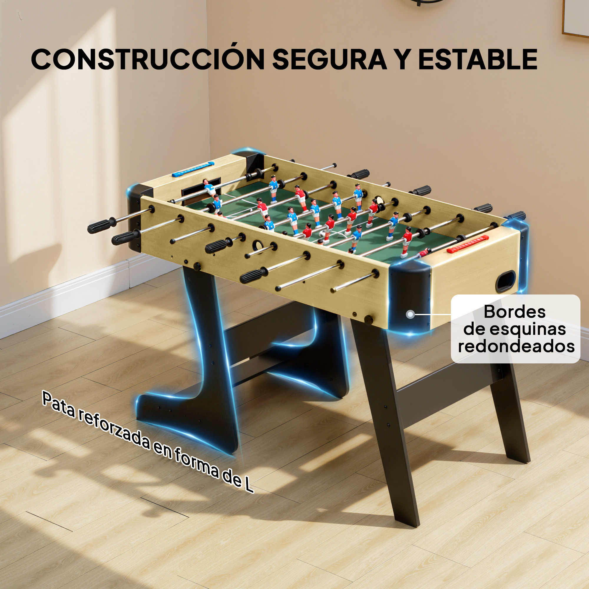 Una mesa de futbolín con jugadores rojos y azules en un campo verde.