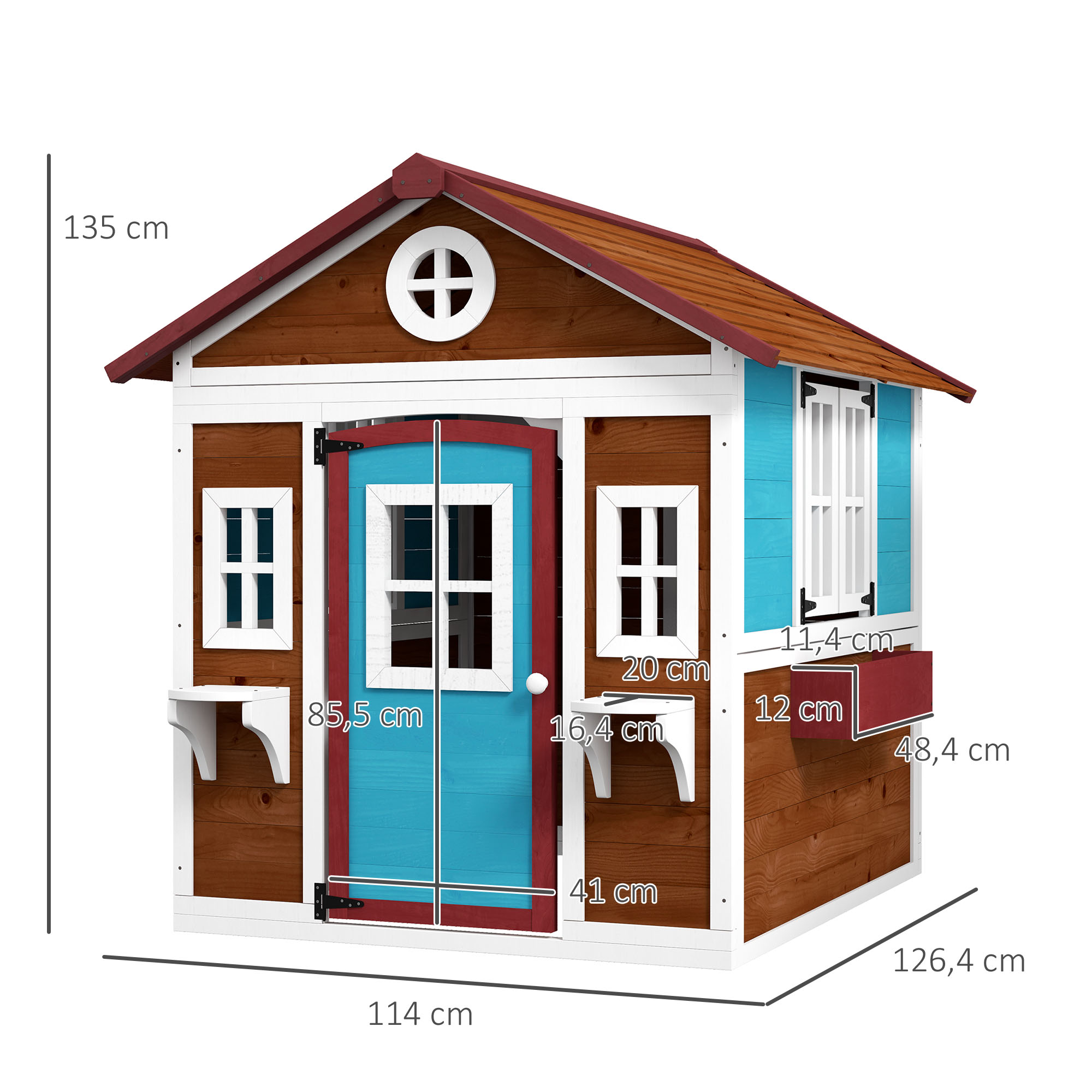 Una casa de juegos de madera con techo rojo, puerta azul y ventanas blancas.