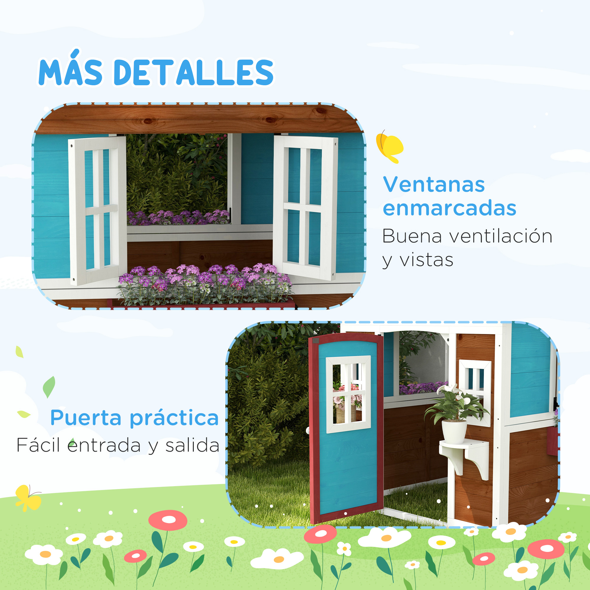 Casa de juegos azul con ventanas blancas y jardineras, y una puerta al lado.