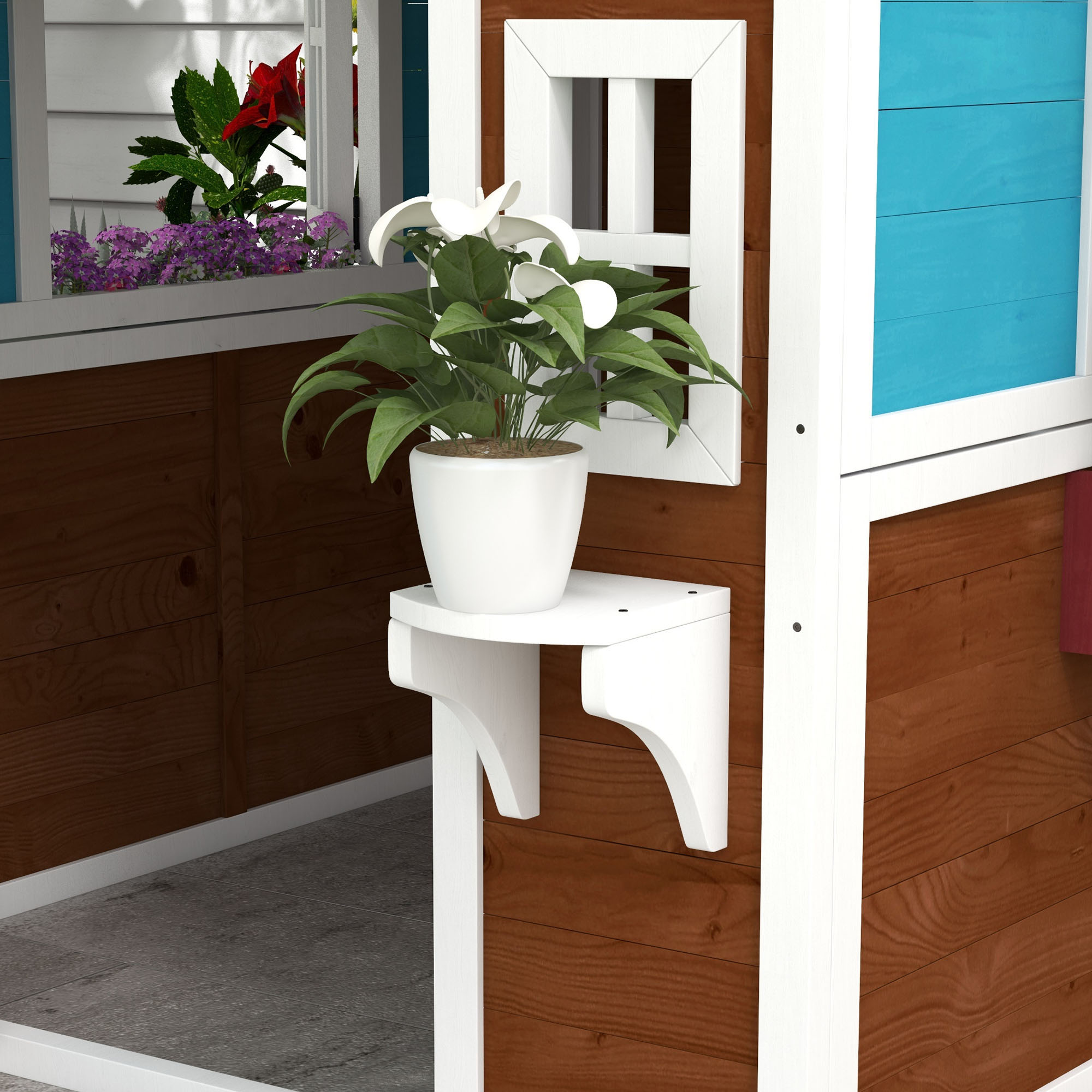 Una maceta blanca con flores blancas sobre un estante blanco contra una casa de madera marrón.