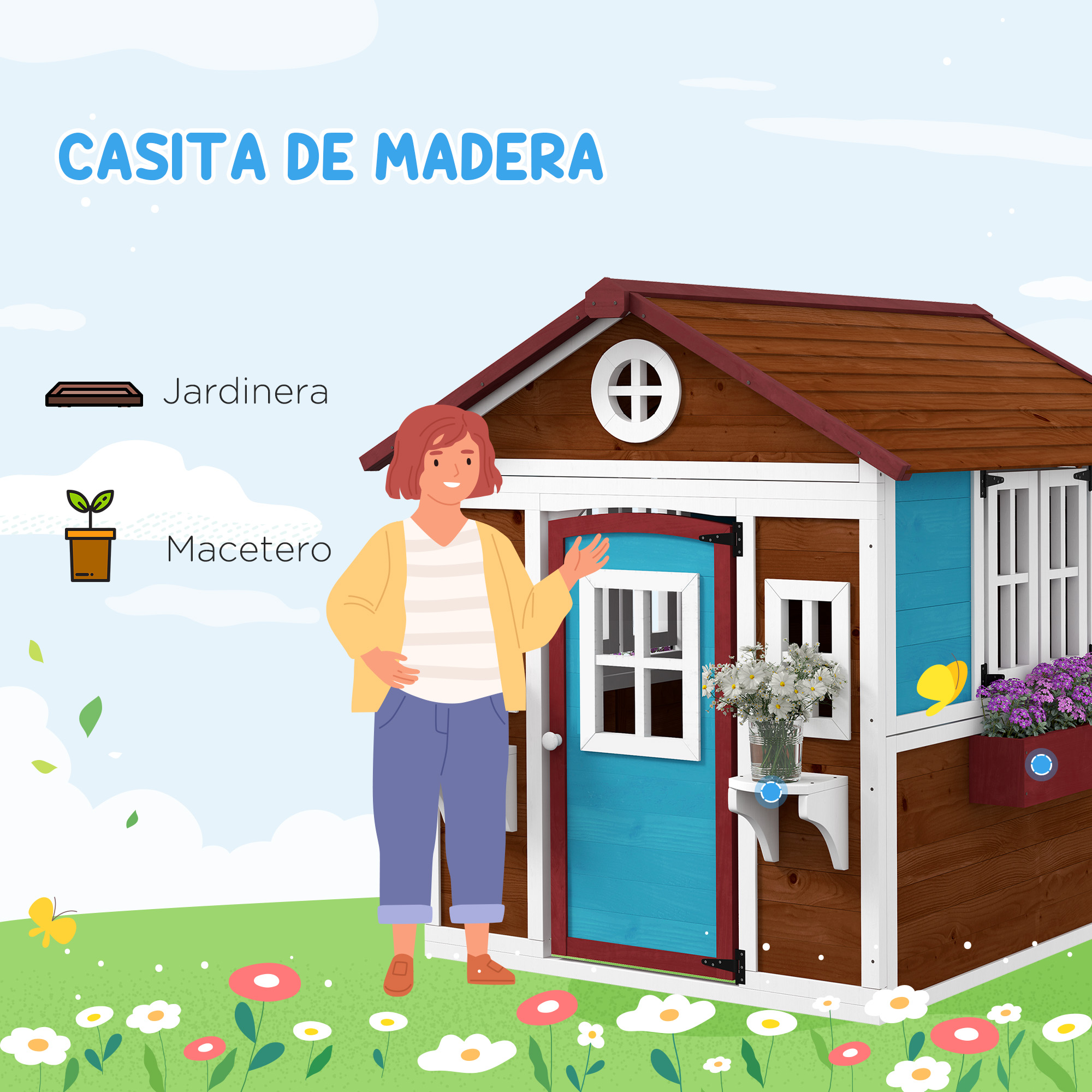 Una niña delante de una casita de madera con puerta azul-roja y maceteros.
