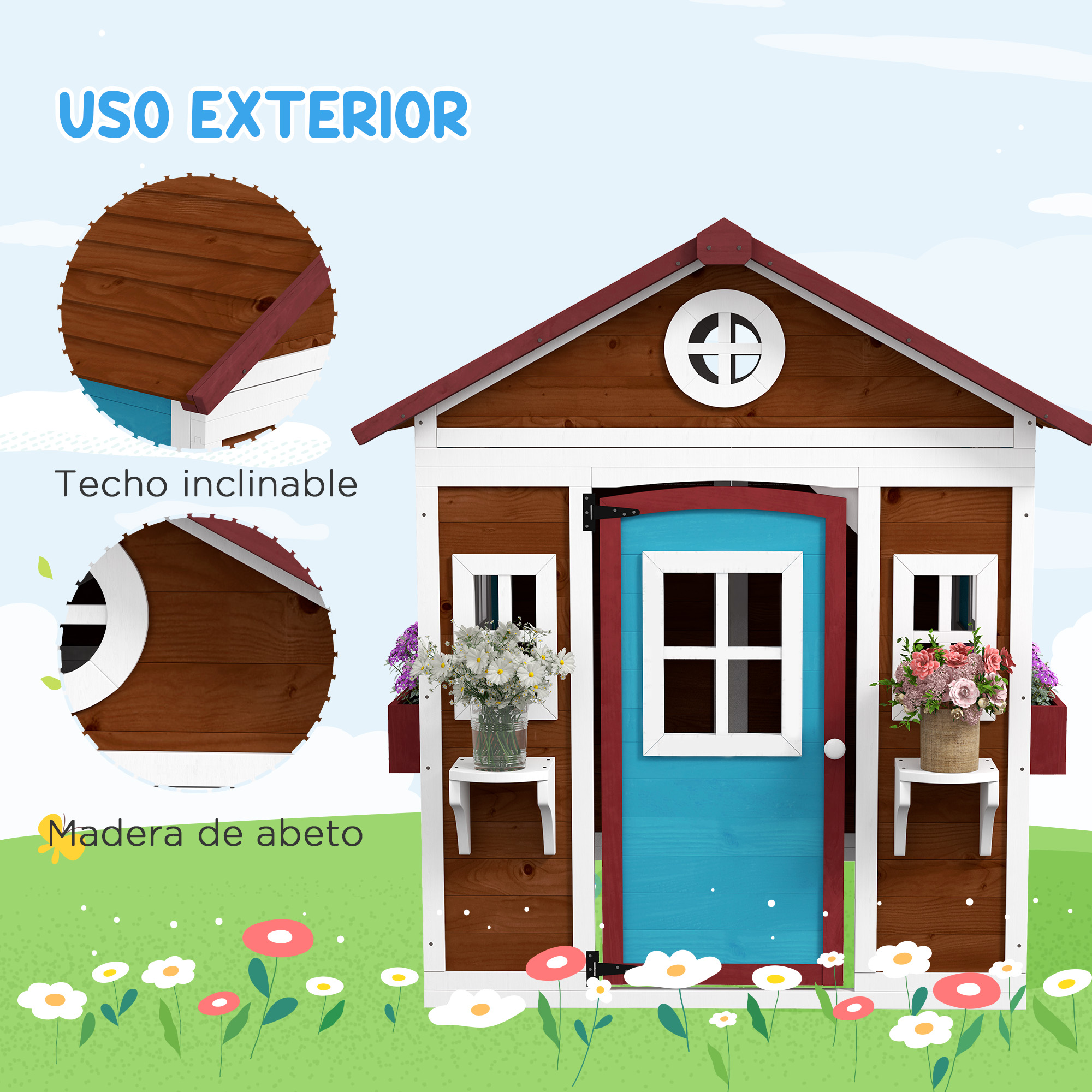 Casa de juegos marrón con puerta azul y decoraciones florales, para uso exterior.