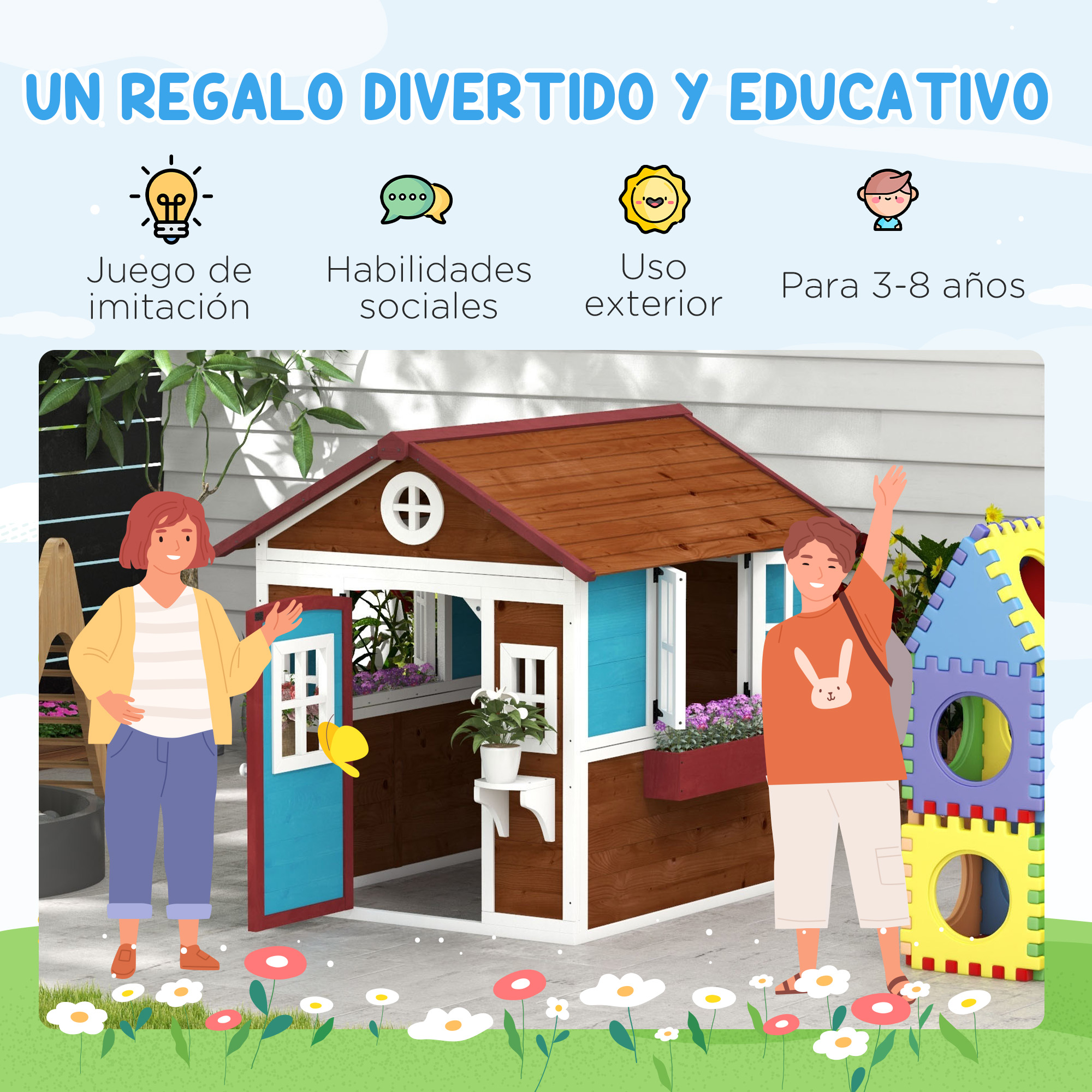 Un hombre y una mujer delante de una casita de madera con ventanas coloridas.