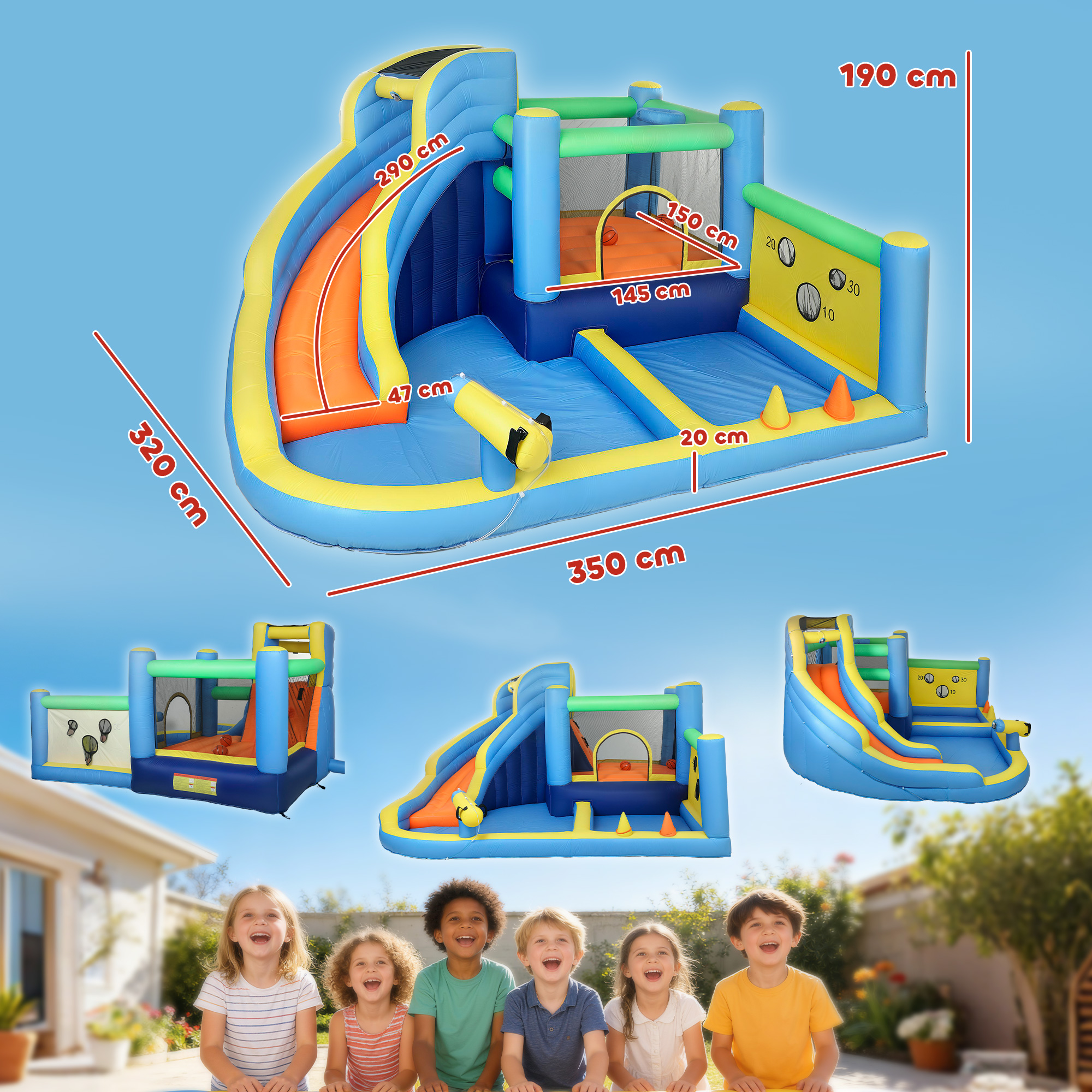 Casa inflable para saltar con tobogán, canasta de baloncesto y cañón de agua. Dimensiones mostradas.