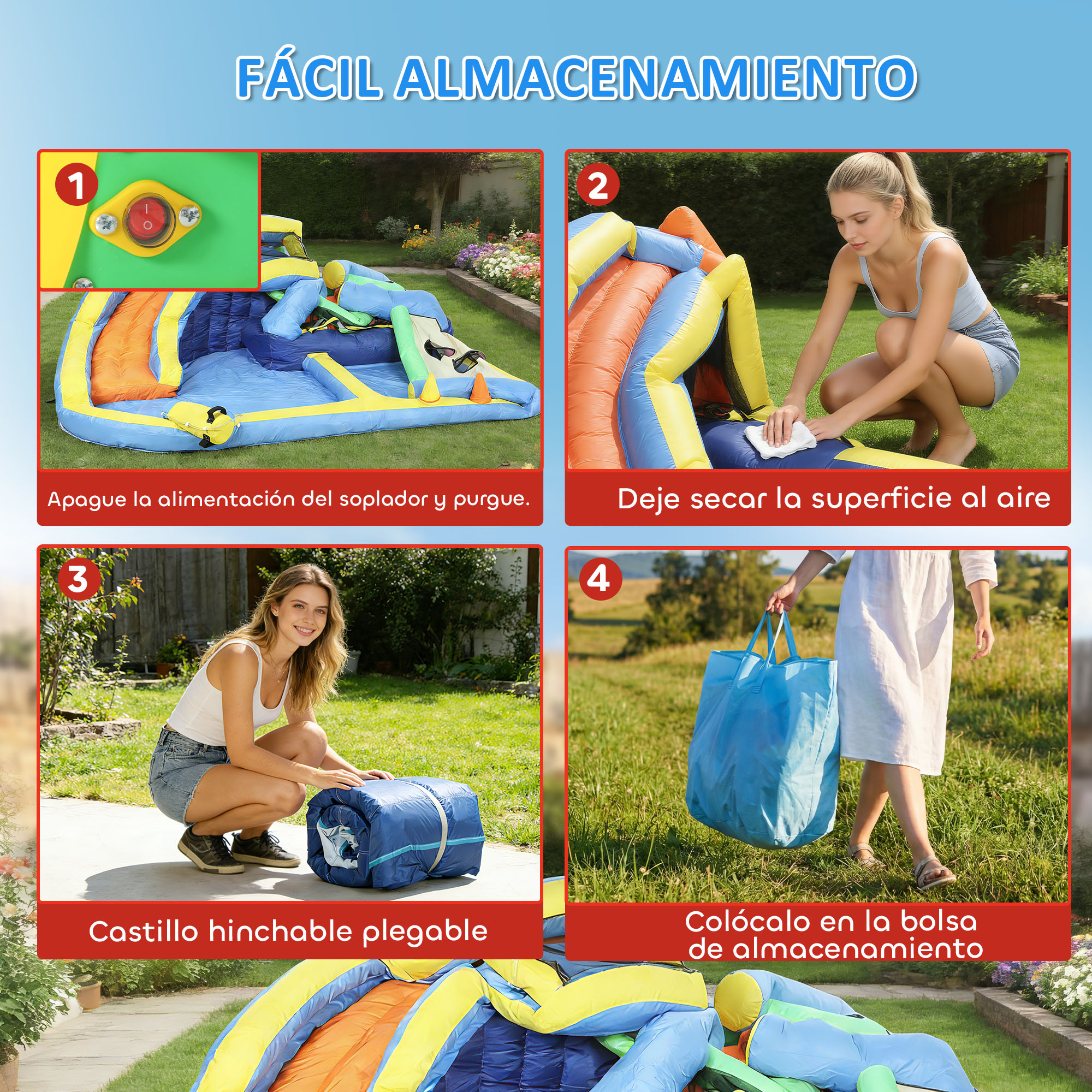 Instrucciones para plegar un castillo hinchable: interruptor, secado, plegado, empaque.