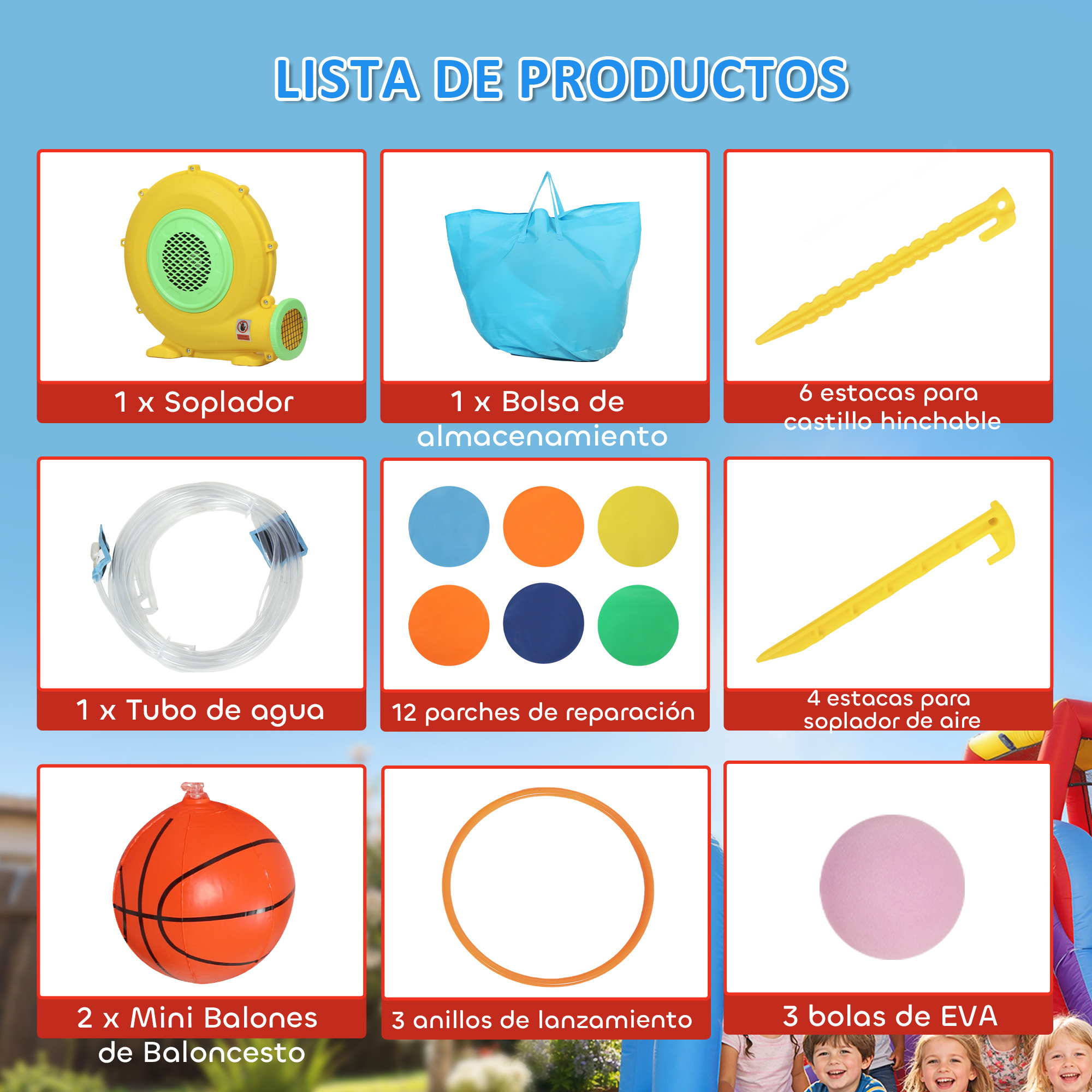Lista de productos: soplador, bolsa, estacas, manguera, parches, pelotas, anillos.