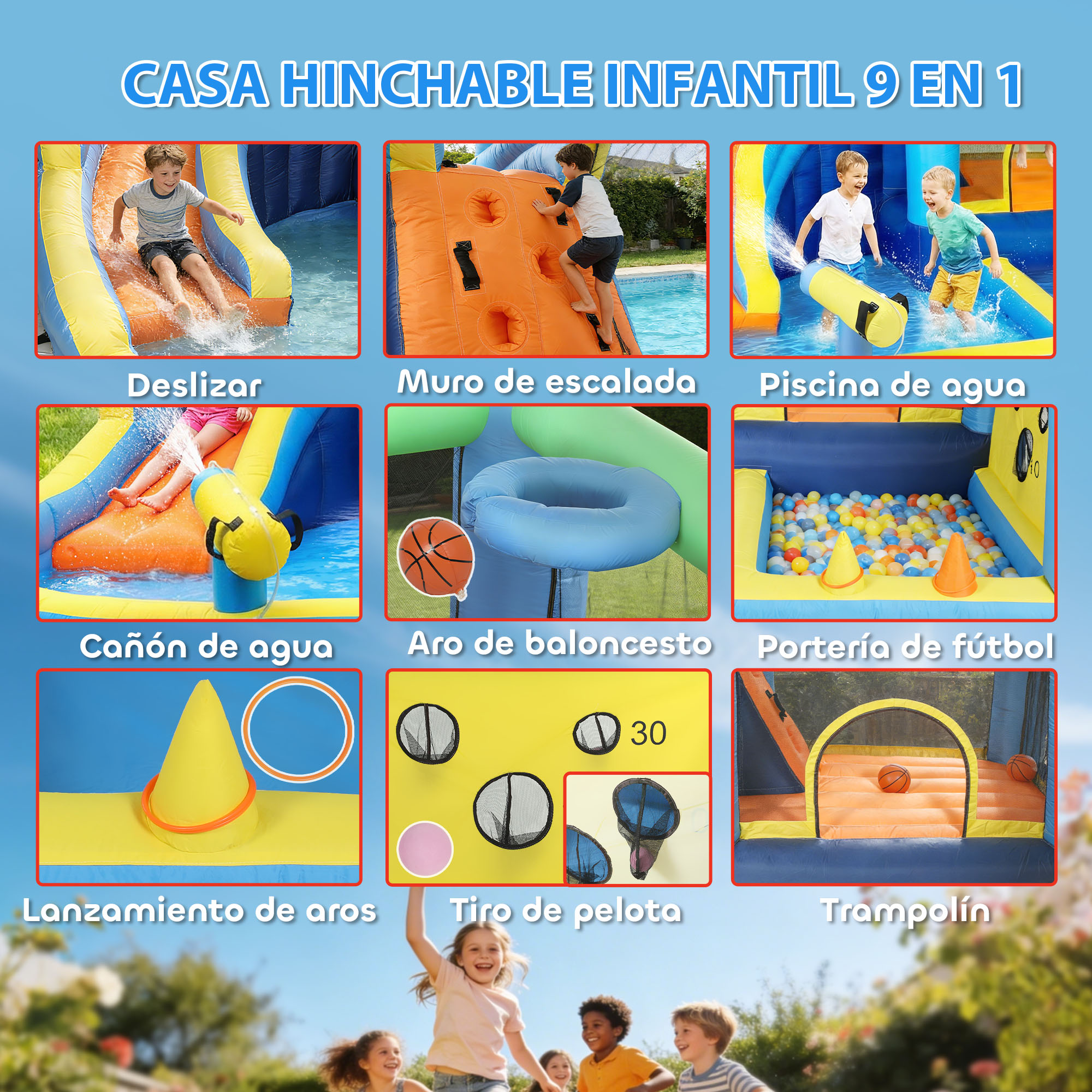 Collage de actividades de castillo inflable: tobogán, muro de escalada, piscina, cañón, baloncesto, fútbol, aros, lanzamiento de pelota, trampolín.