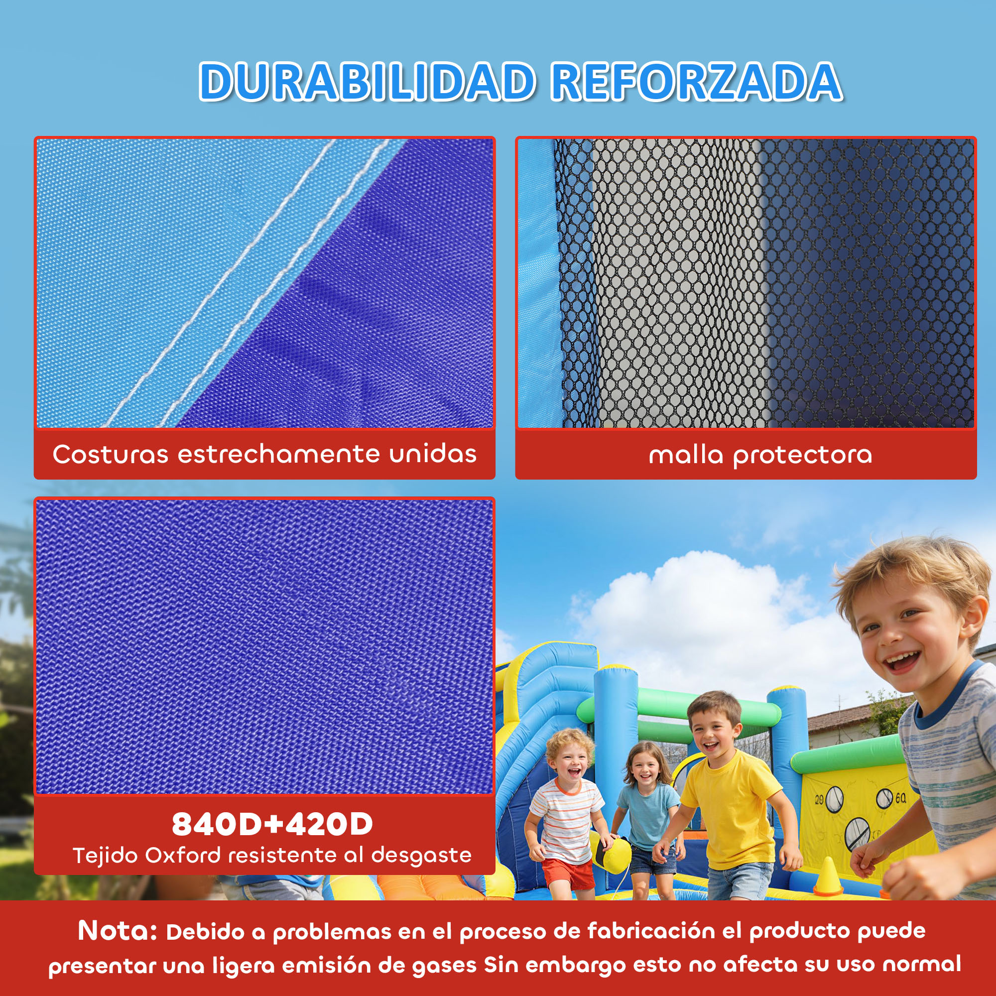 Cuatro imágenes muestran detalles de un juego inflable y niños jugando.