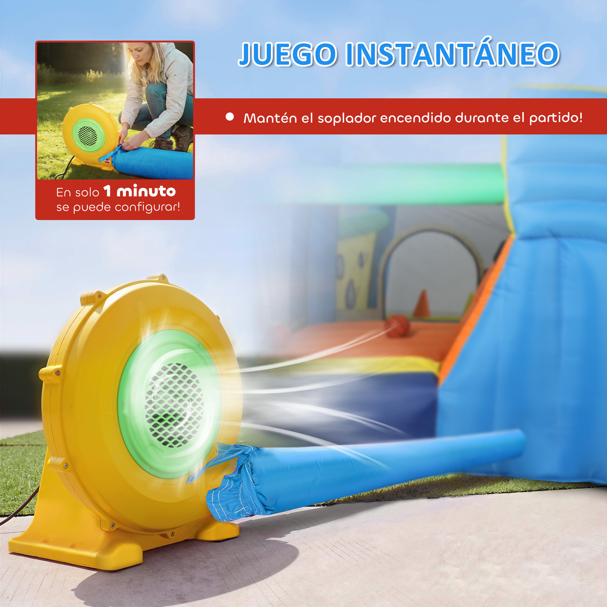 Manguera de soplador amarilla conectada a estructura inflable.