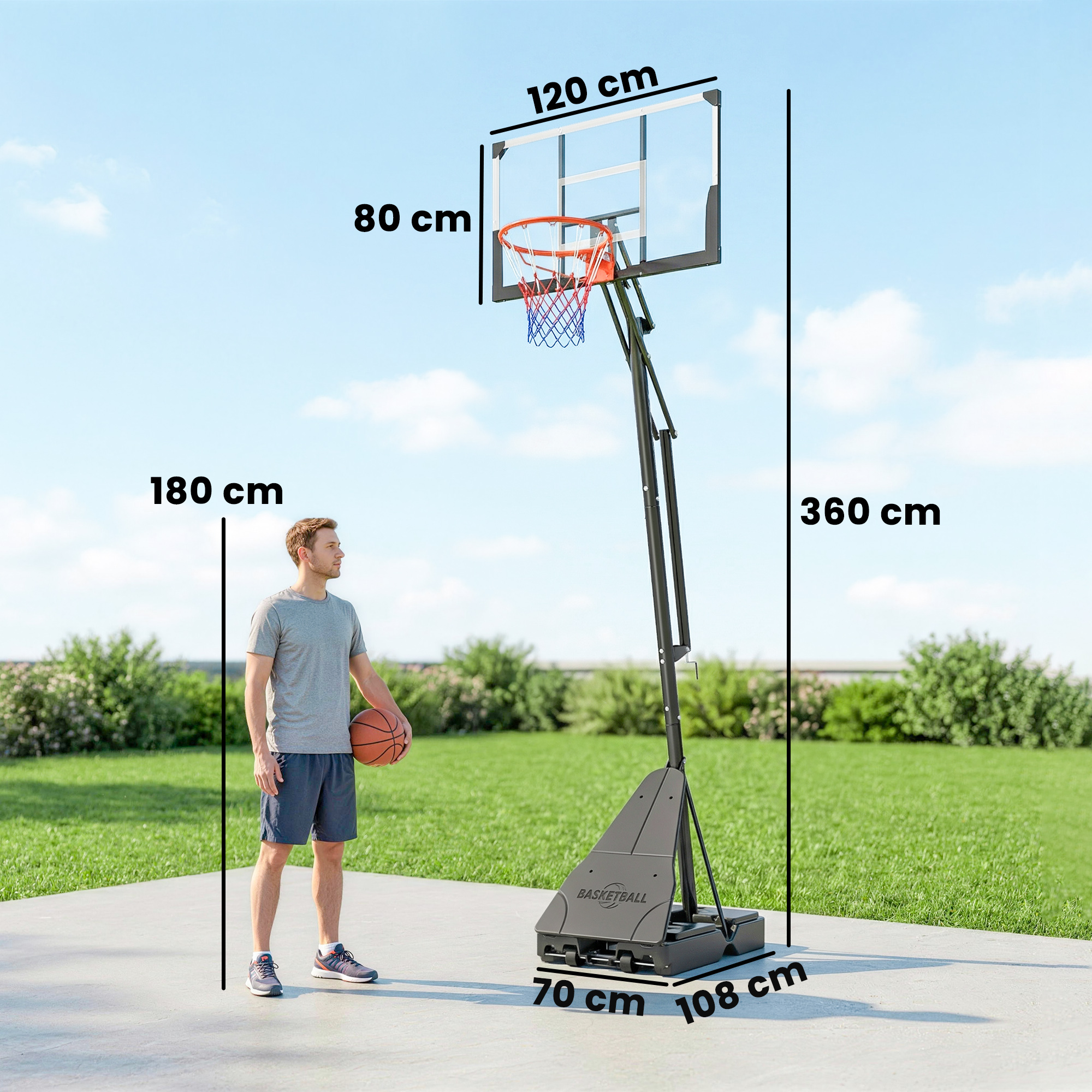 Un hombre con una pelota de baloncesto junto a una canasta ajustable al aire libre.