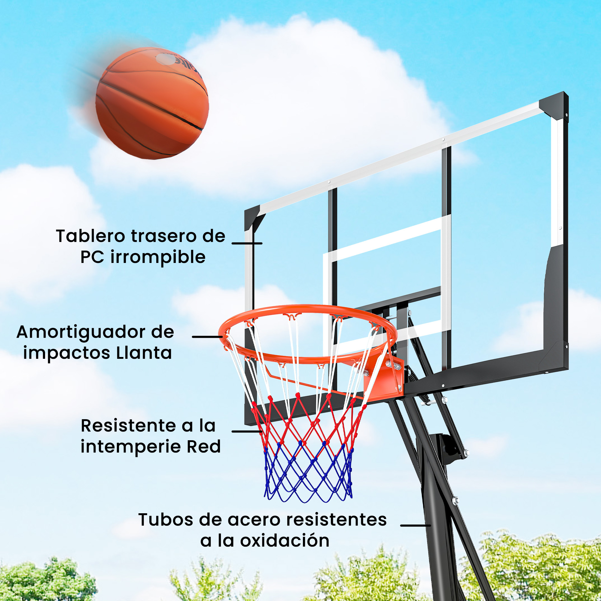 Un baloncesto vuela hacia una canasta con tablero transparente, aro naranja y red.