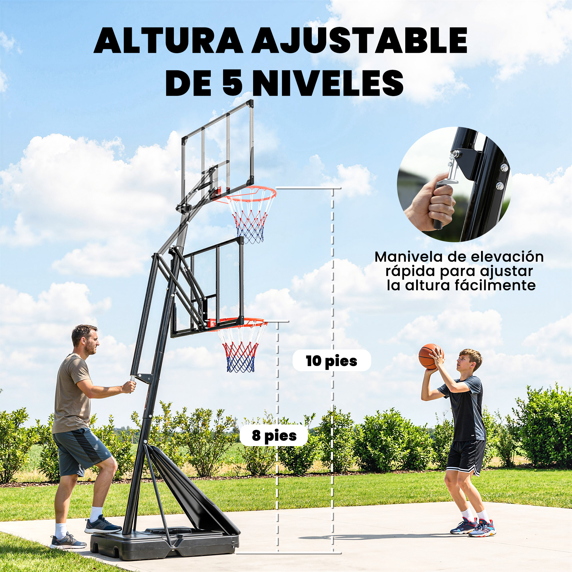 Un hombre y un niño juegan al baloncesto. La canasta es ajustable en altura.