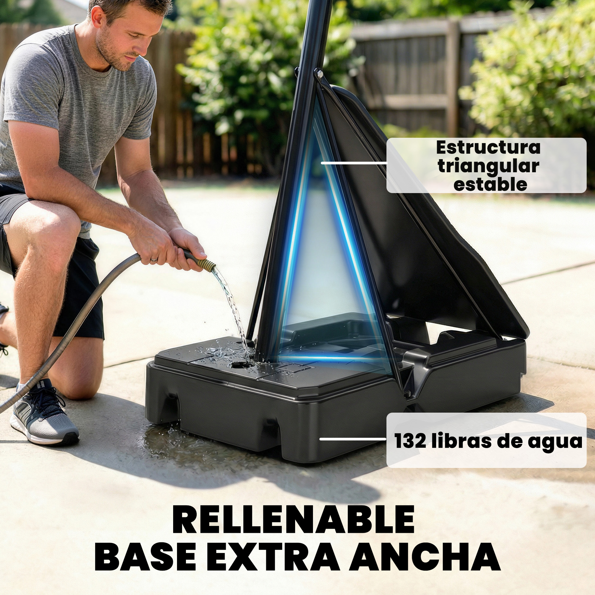Hombre llena una base ancha y rectangular con agua de una manguera.