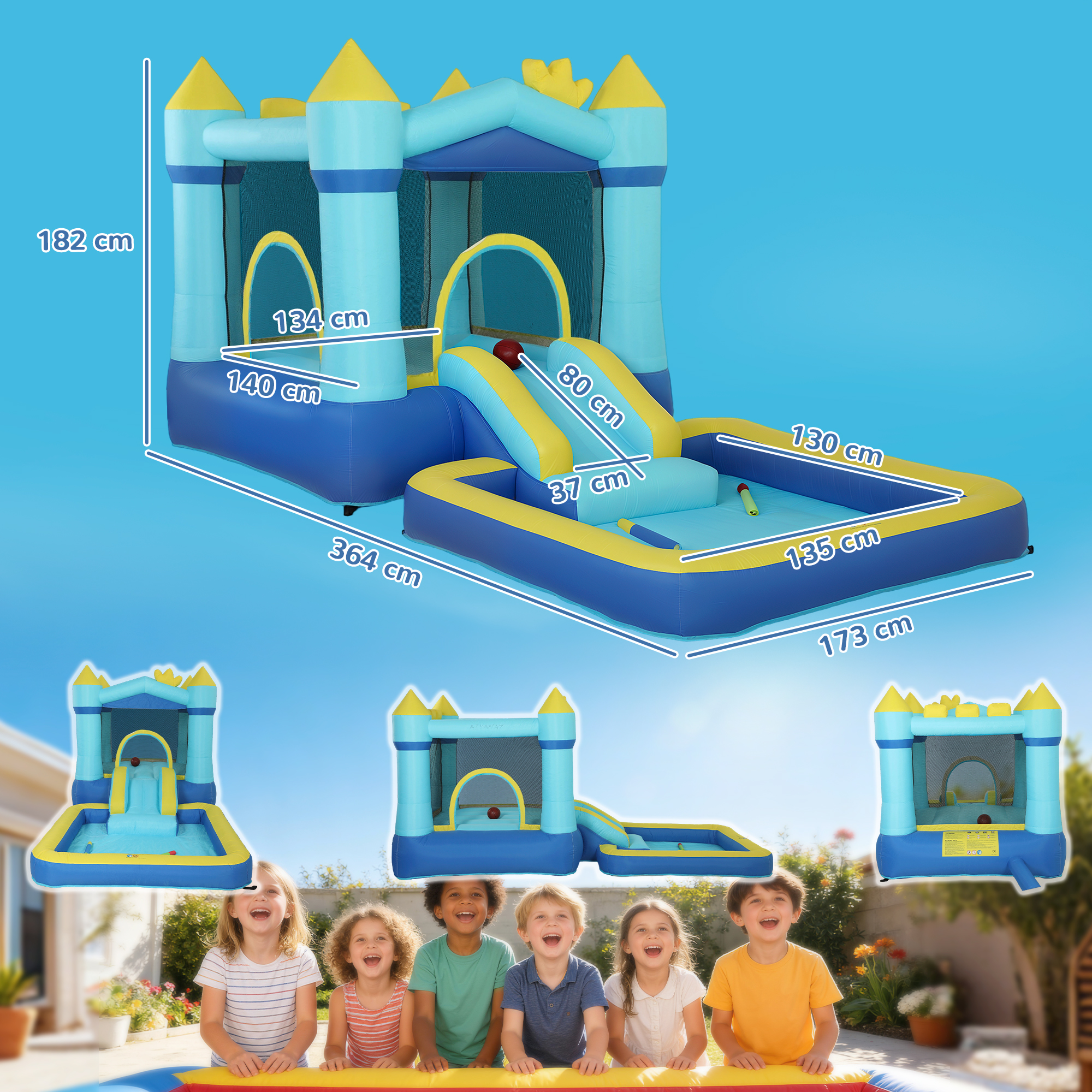 Castillo inflable con tobogán y piscina, dimensiones 364x173x182cm.