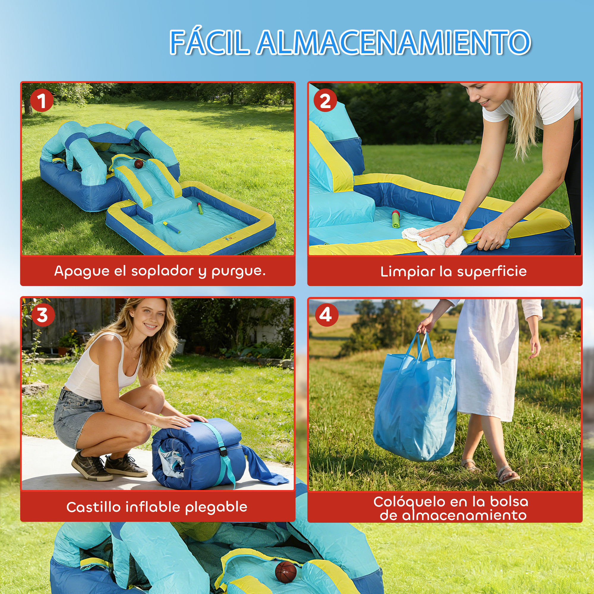 Instrucciones para guardar un castillo inflable: Desinflar, limpiar, doblar y guardar.