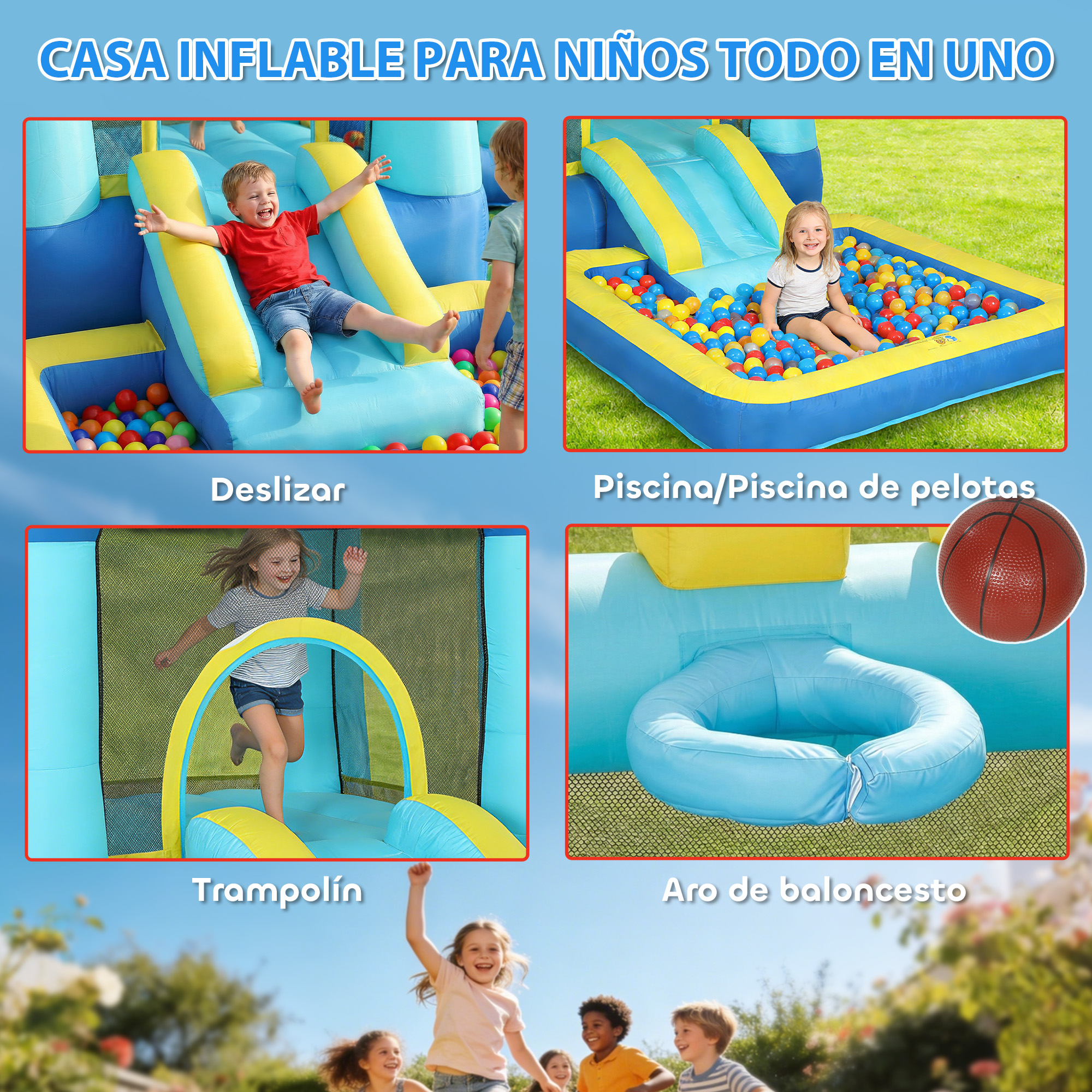 Cuatro imágenes de casa inflable para niños: tobogán, piscina de pelotas, trampolín, aro.