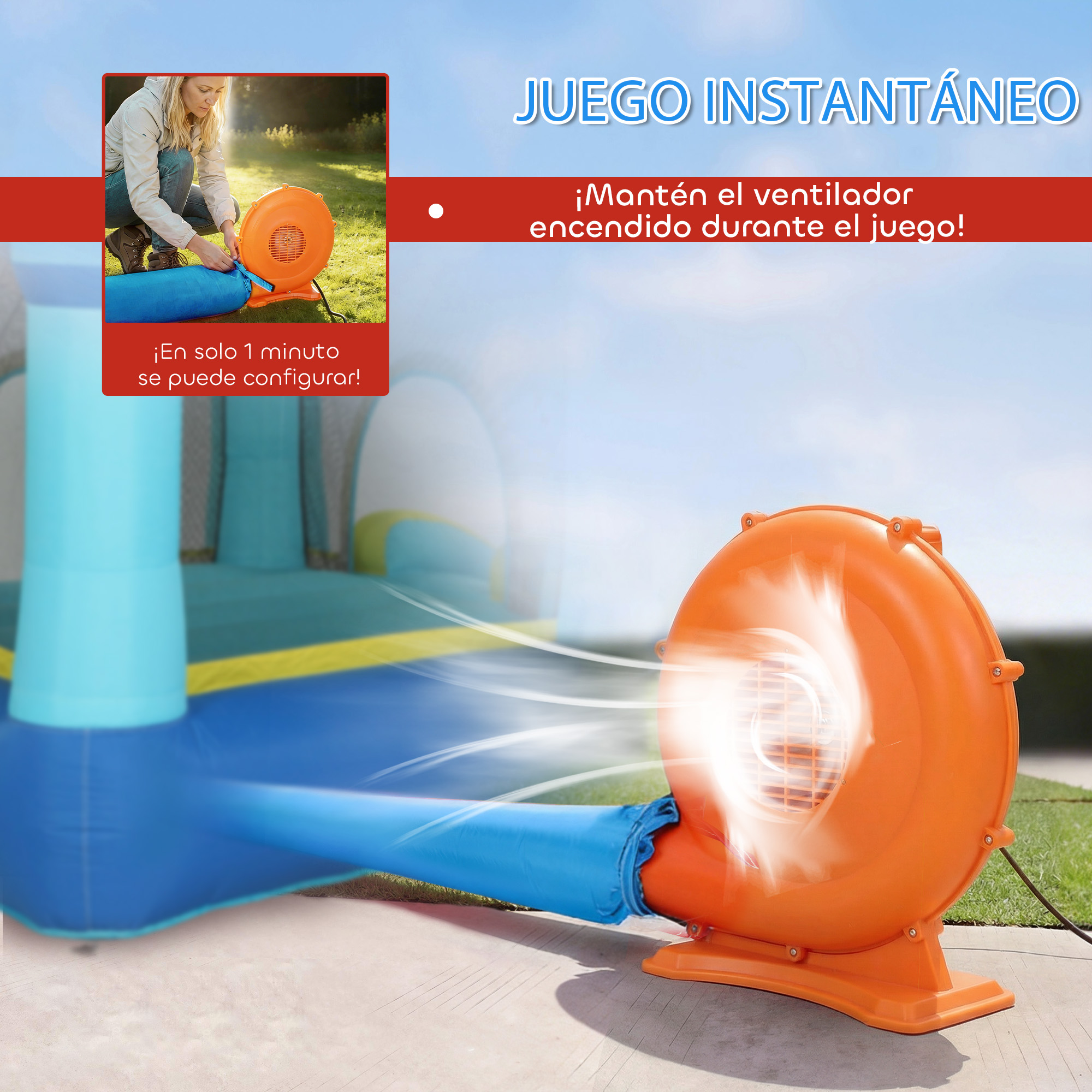 Un ventilador naranja infla una casa de rebote azul al aire libre.