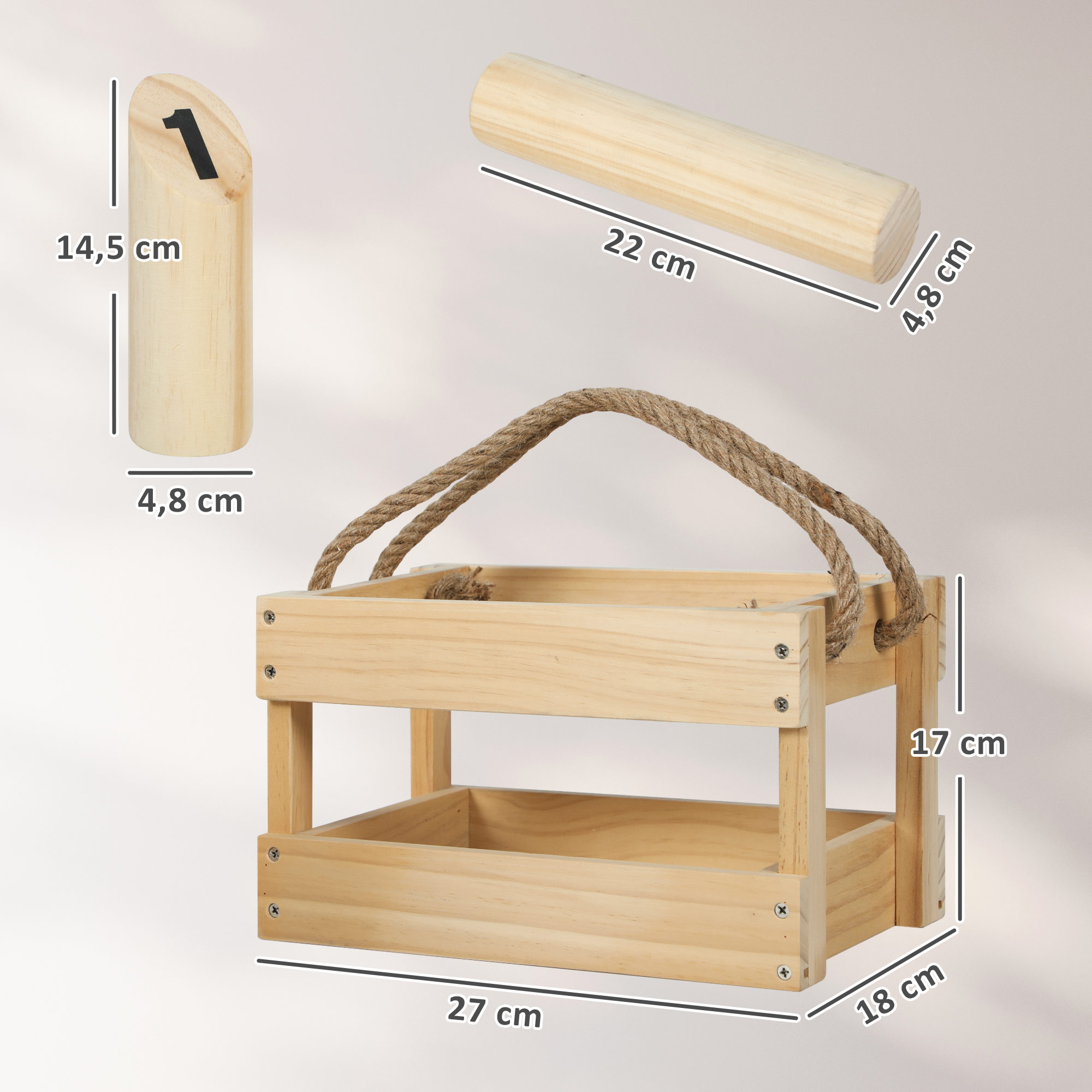 Caja de madera con asas de cuerda, estaca de madera con el número 1 y estaca separada.