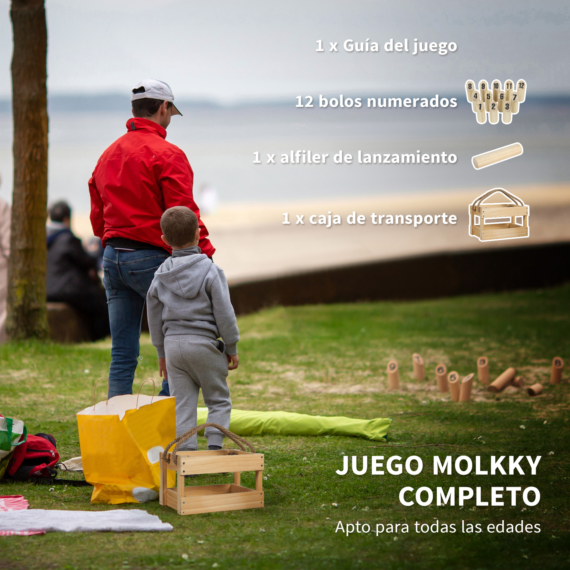 Un hombre y un niño juegan Molkky al aire libre. Juego con bolos de madera y bate.