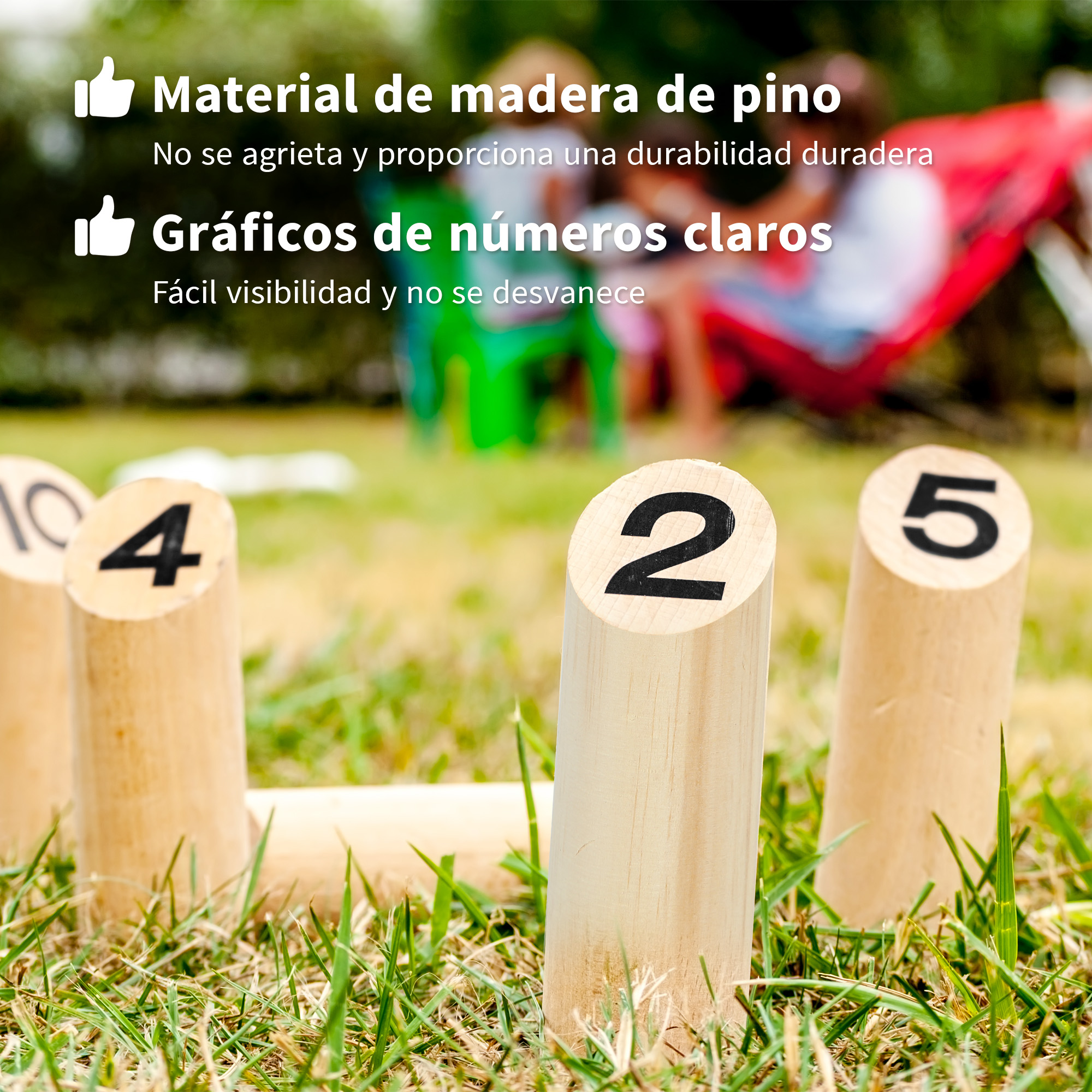 Estacas de madera con números 2, 4, 5 y 10 en el césped. Fondo borroso.