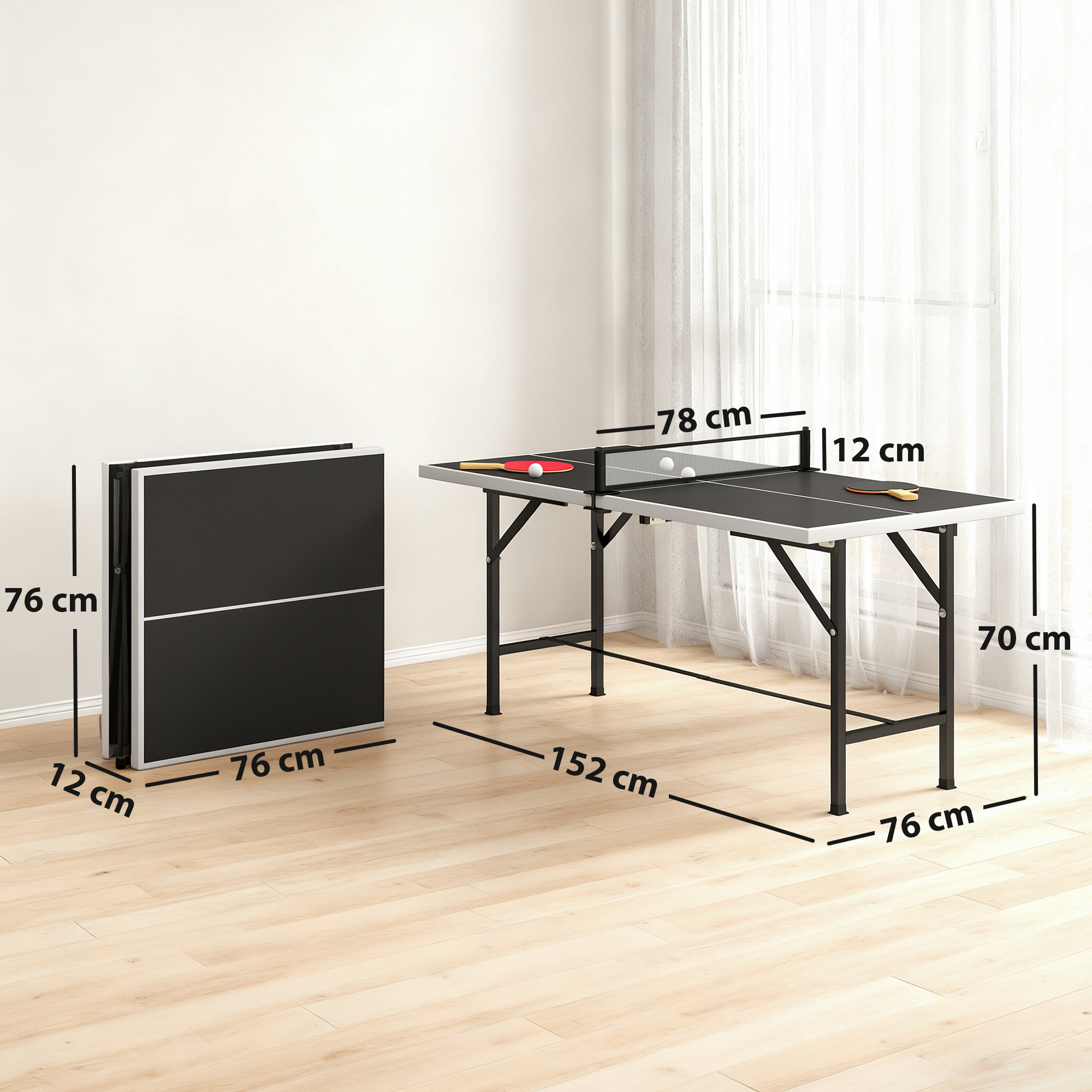 Una mesa de ping pong negra plegada y otra desplegada con dimensiones.