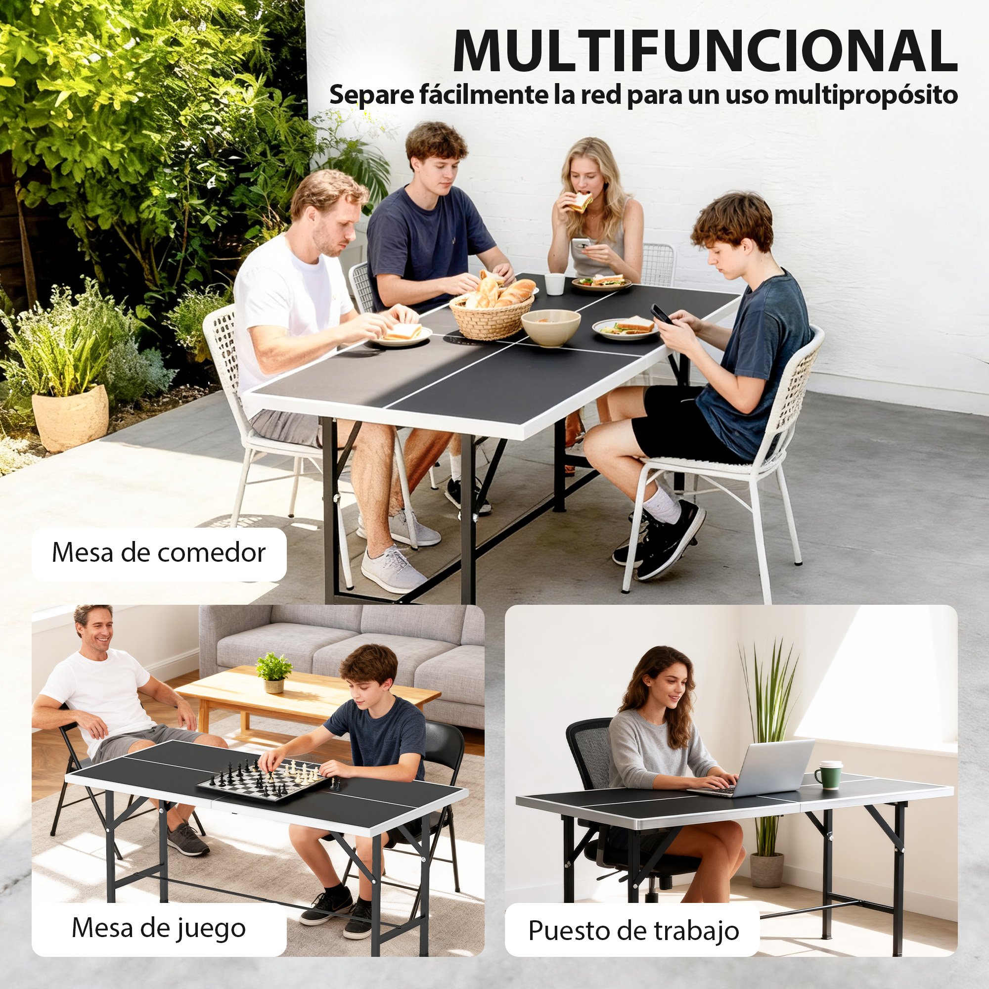 Mesa multifuncional: comer, jugar, trabajar. Familia y amigos disfrutan comidas y juegos.