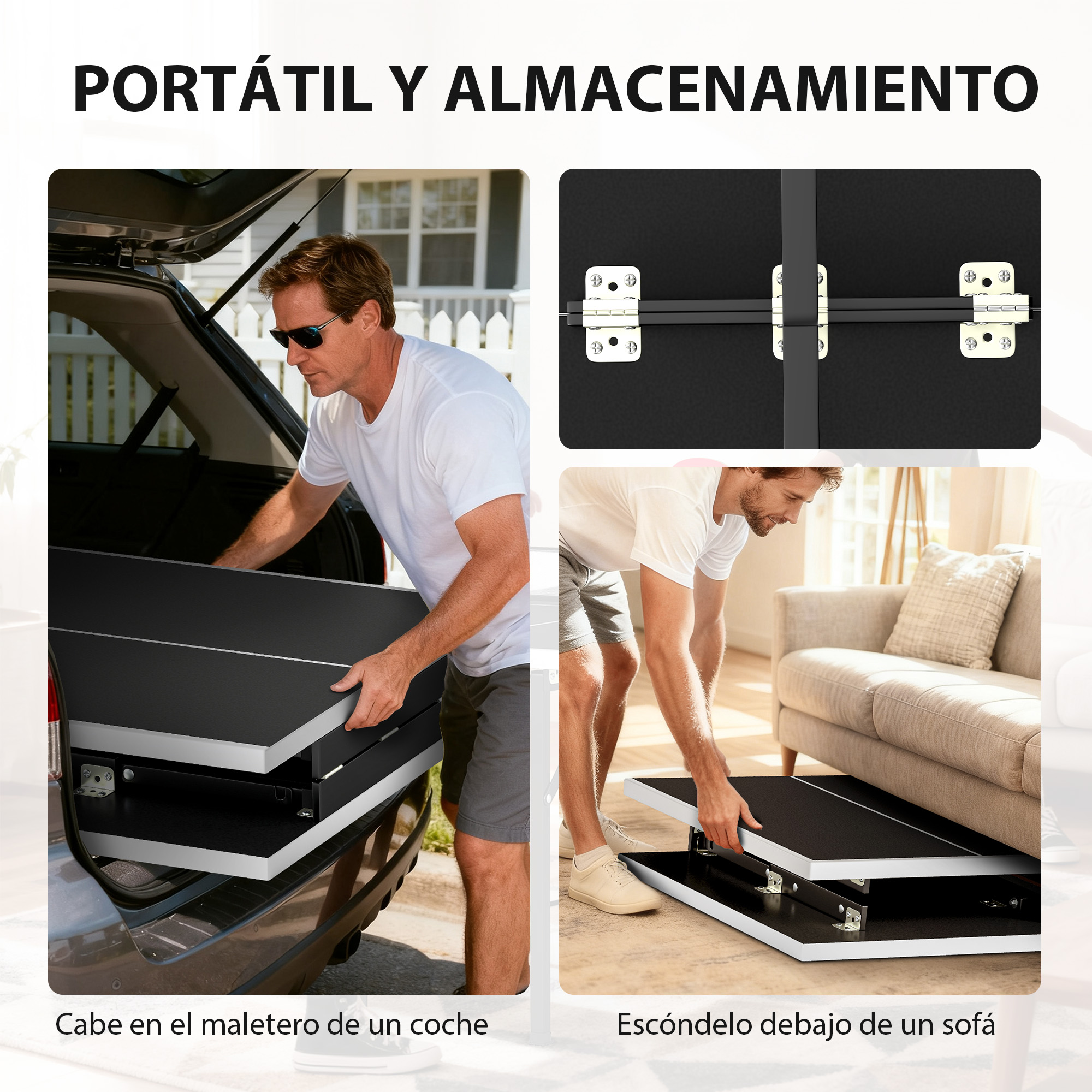 Hombre guarda mesa negra en maletero; mesa guardada bajo sofá.