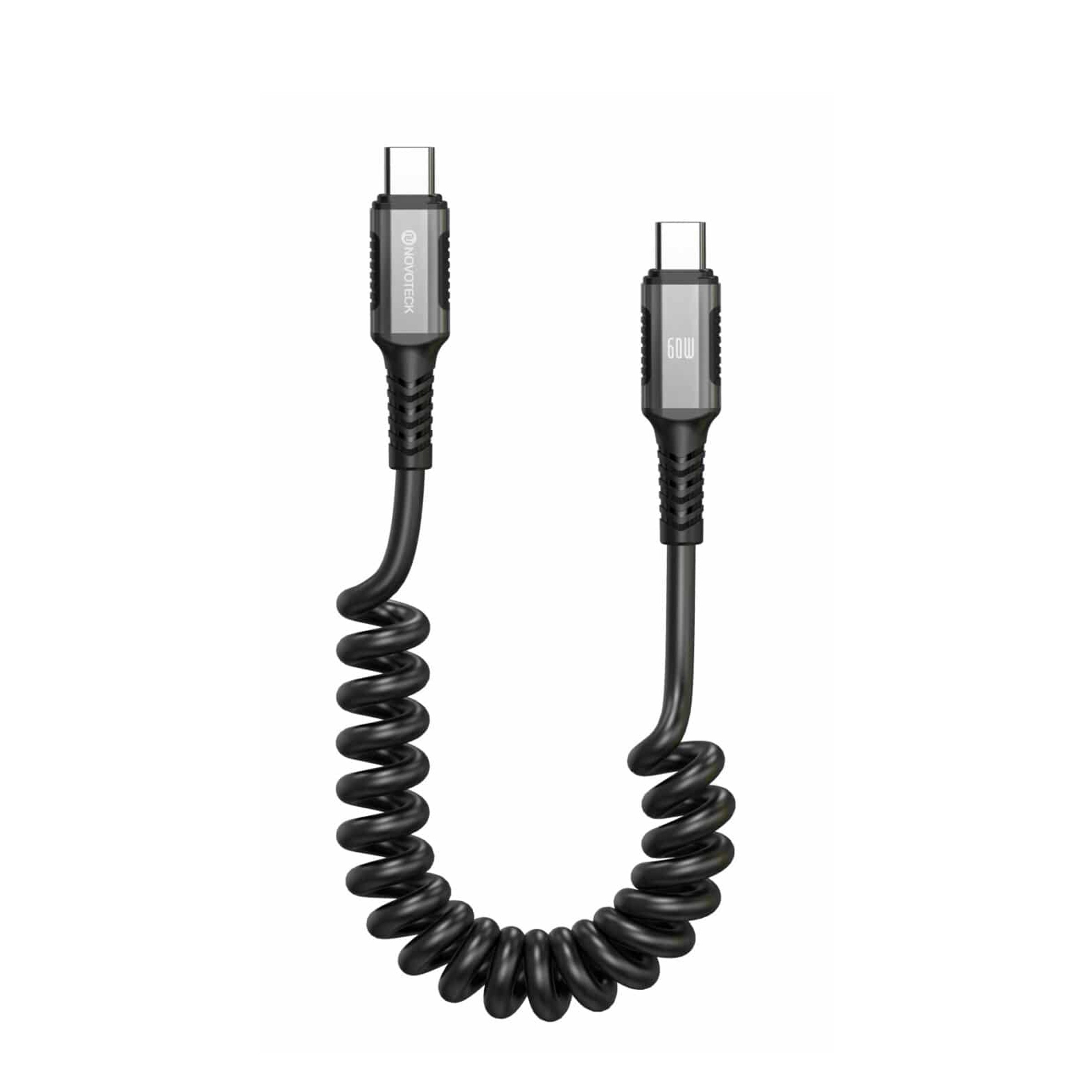 Cavo USB-C nero a spirale con connettori argentati. Etichetta: 60W.
