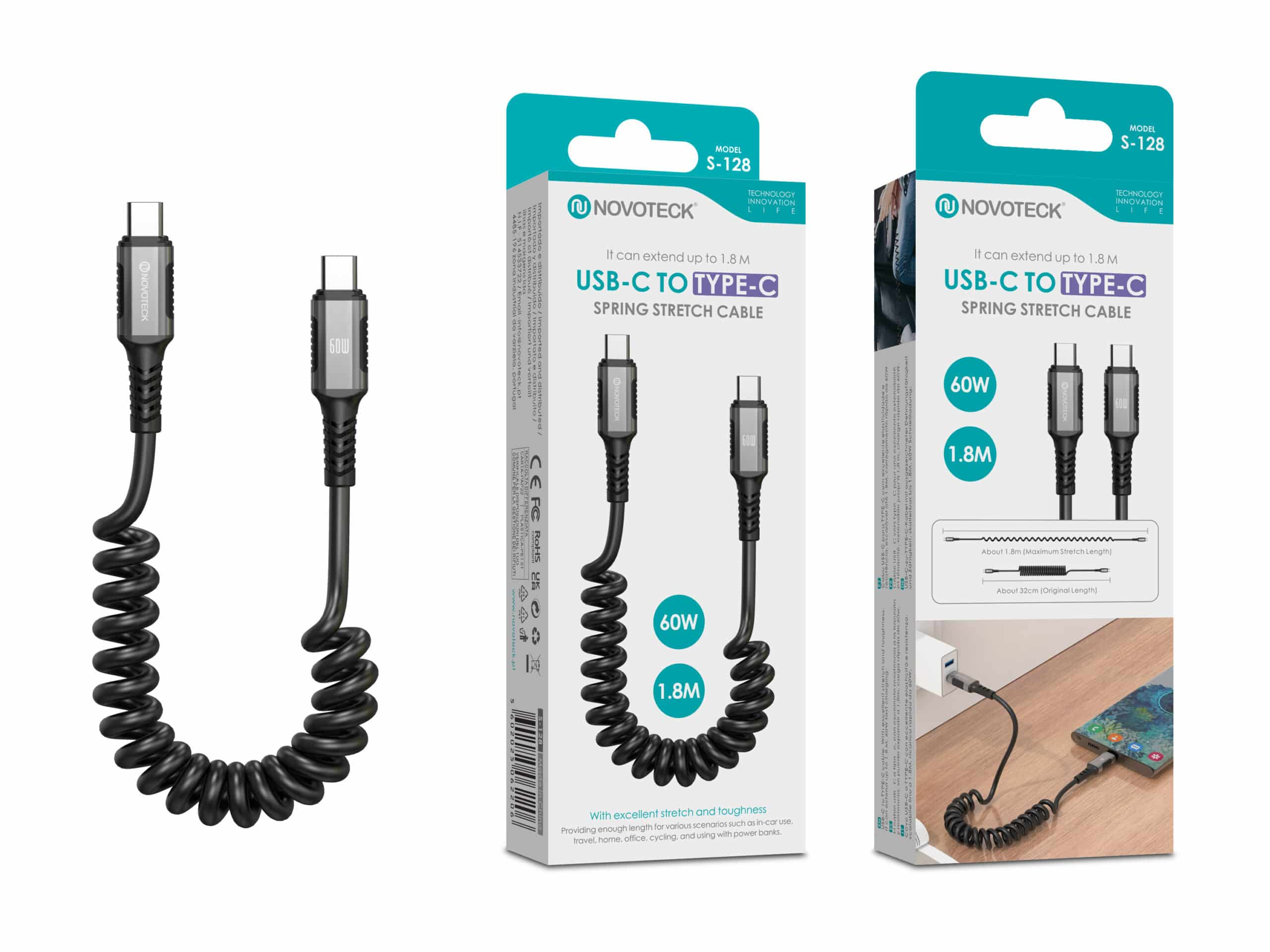 Cavo a molla Novoteck USB-C a USB-C, 60W, 1.8M, su confezione.