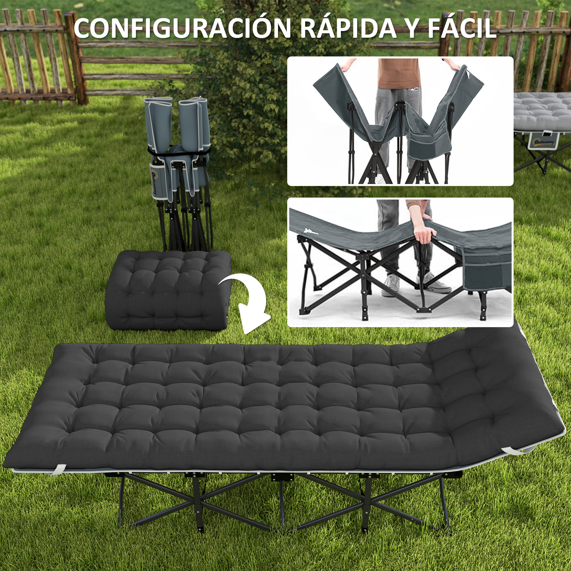 Una cama plegable con colchón oscuro sobre césped. Cerca hay un cojín y una silla plegada.