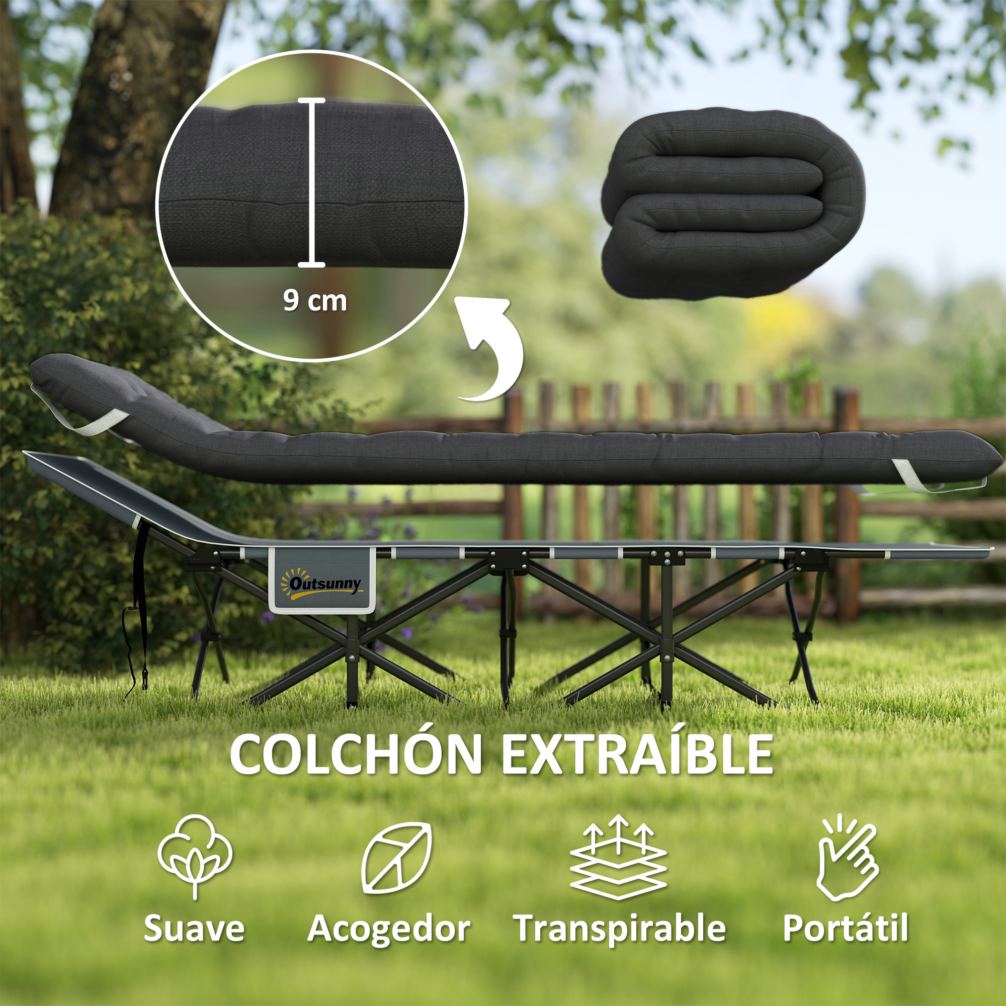 Una tumbona plegable oscura con colchón de 9 cm de grosor en el exterior.