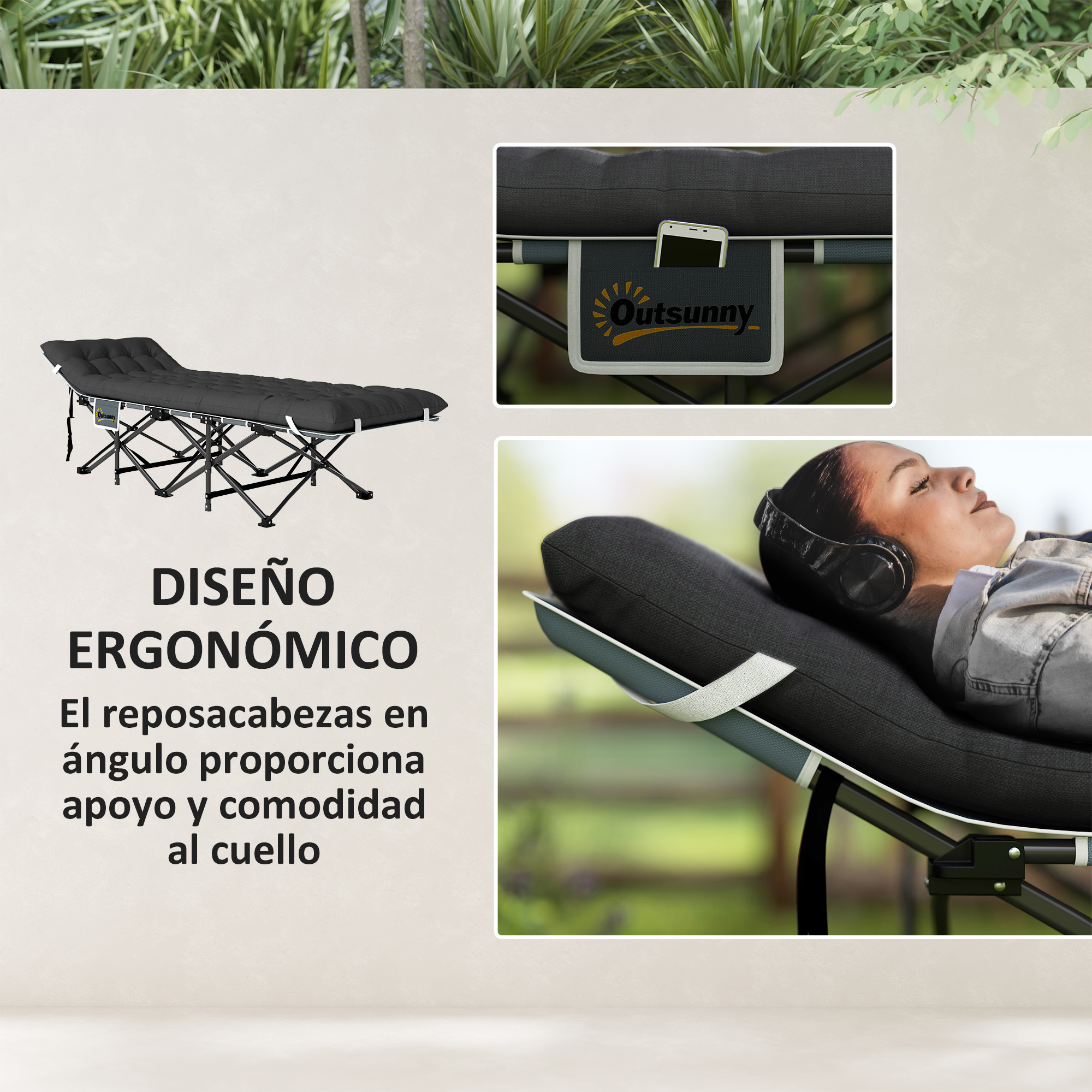 Una cama plegable negra con cojín y soporte para móvil.