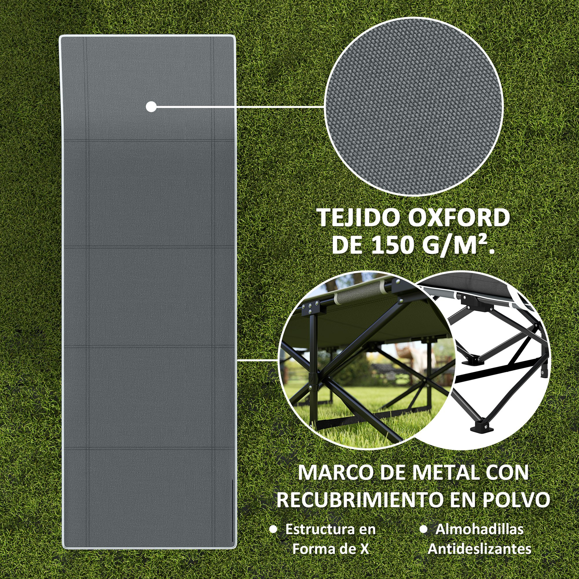 Tumbona de tejido Oxford gris con marco de metal sobre césped.