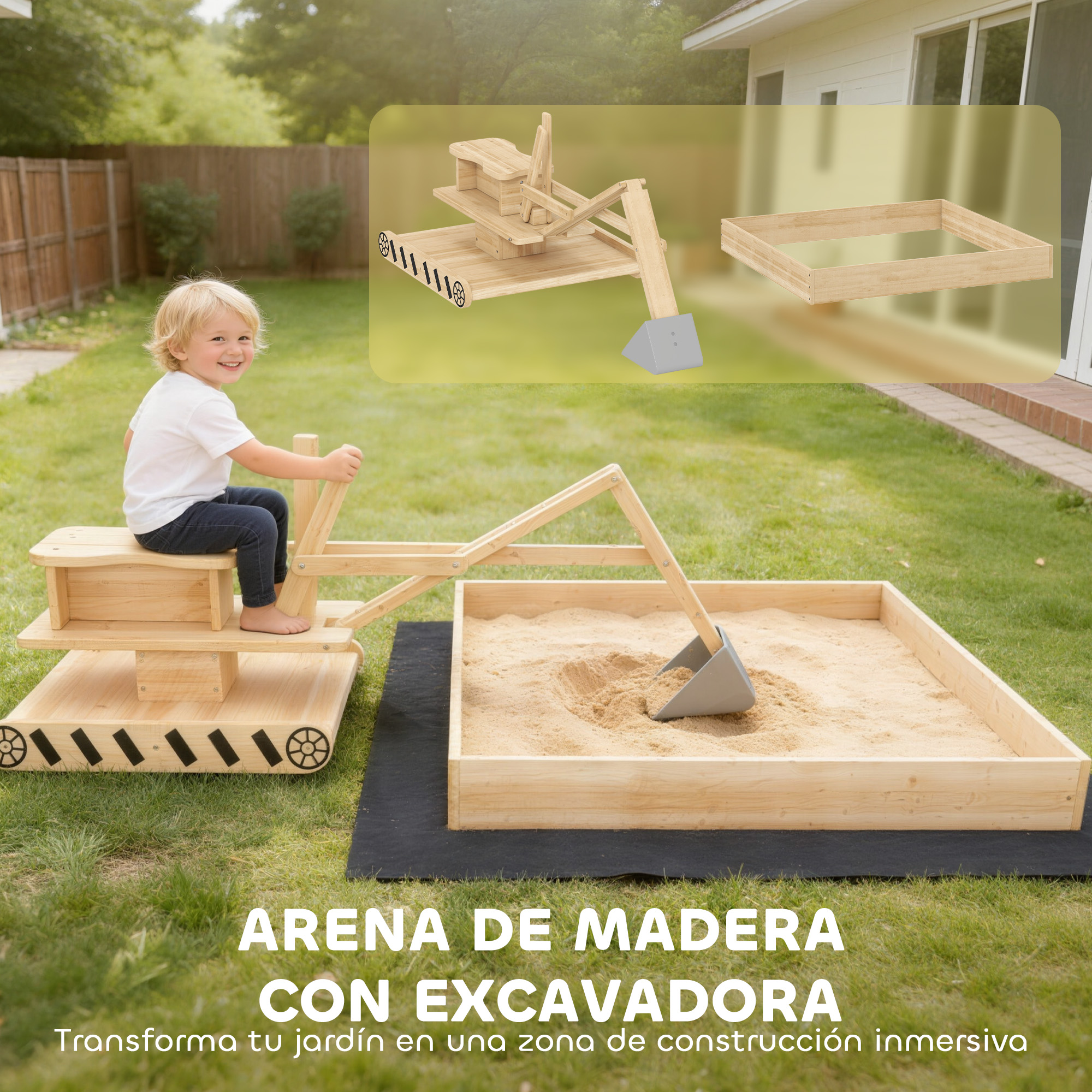Un niño se sienta en una excavadora de madera junto a un arenero en el jardín.
