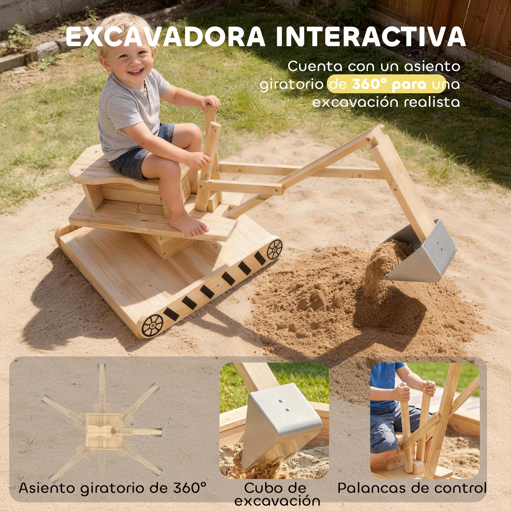 Un niño en un excavador de juguete de madera en arena, con primeros planos del asiento, cubo y controles.