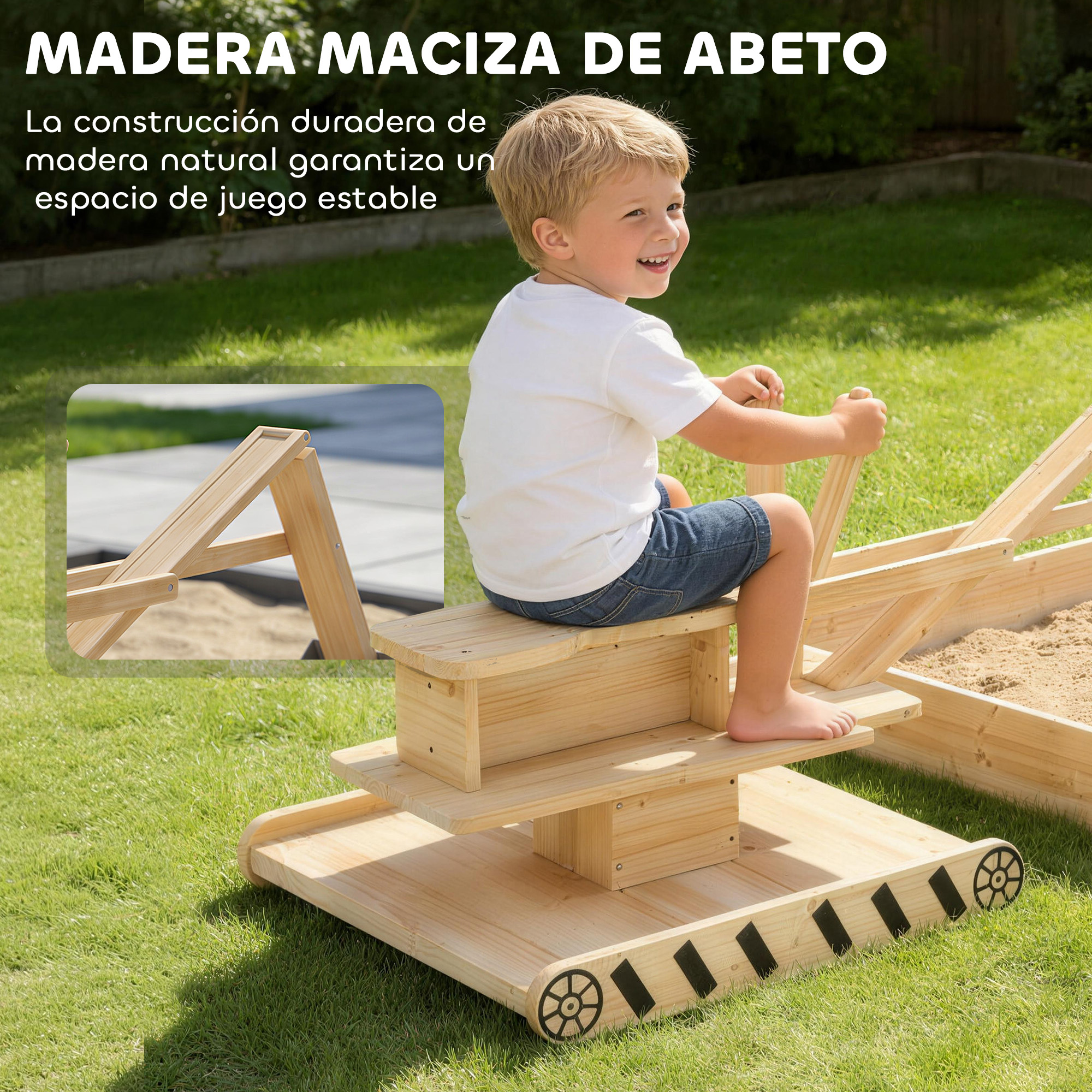 Un niño se sienta en un juguete de madera parecido a un tanque.