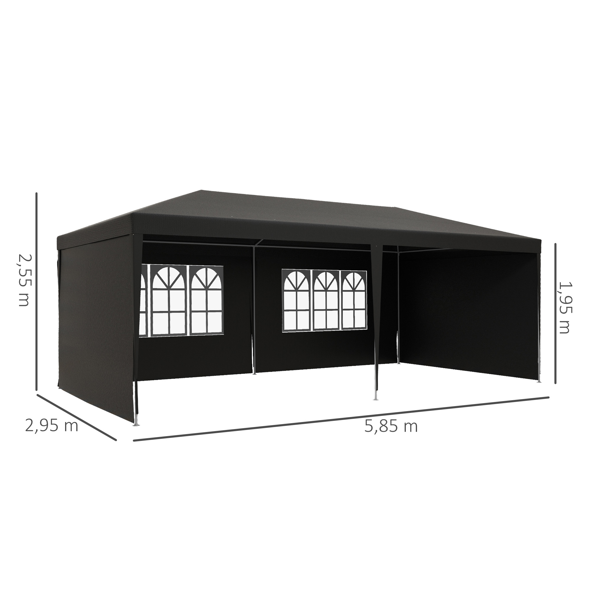 Una carpa negra con dimensiones y ventanas.