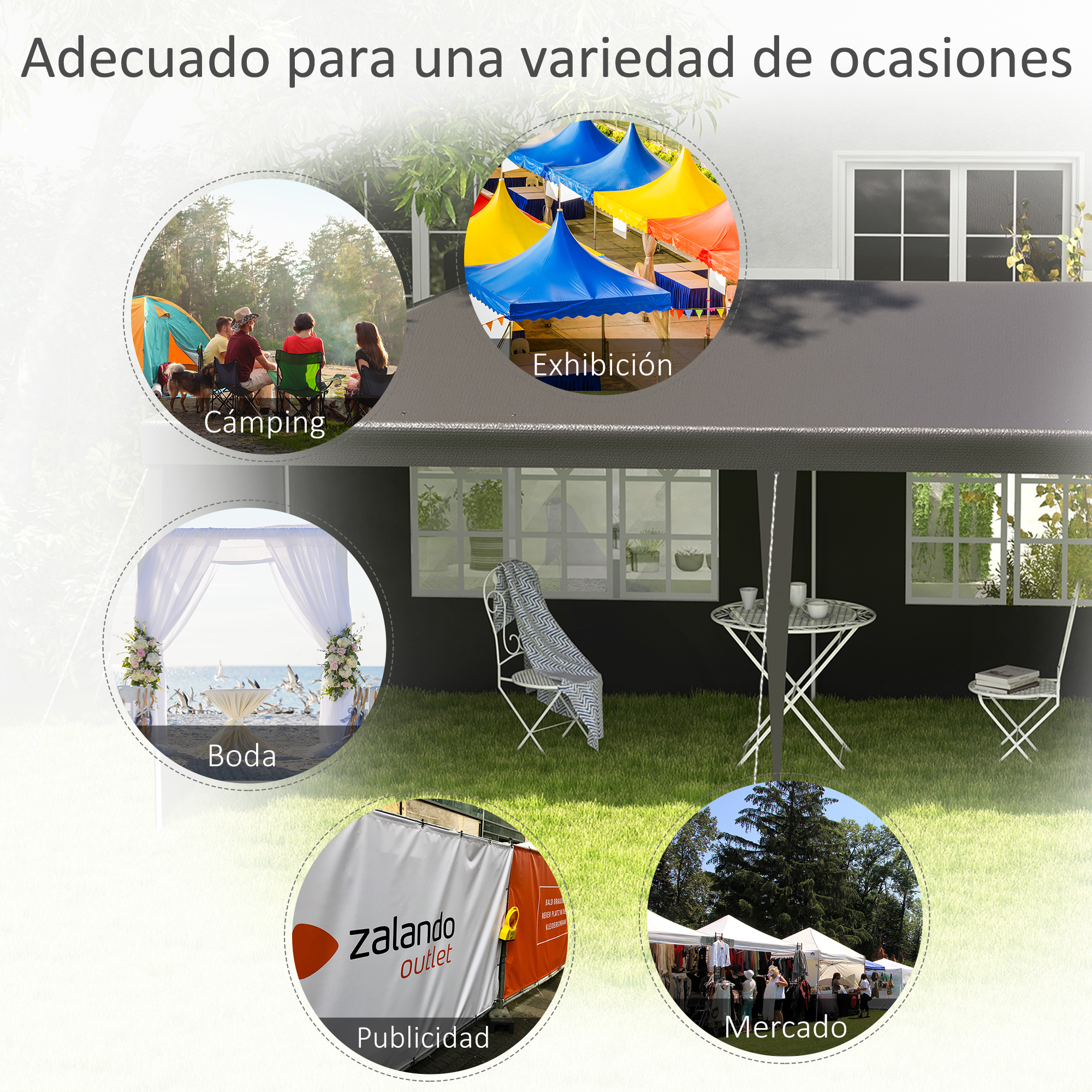 Múltiples escenas: camping, exposición, boda, publicidad, mercado.