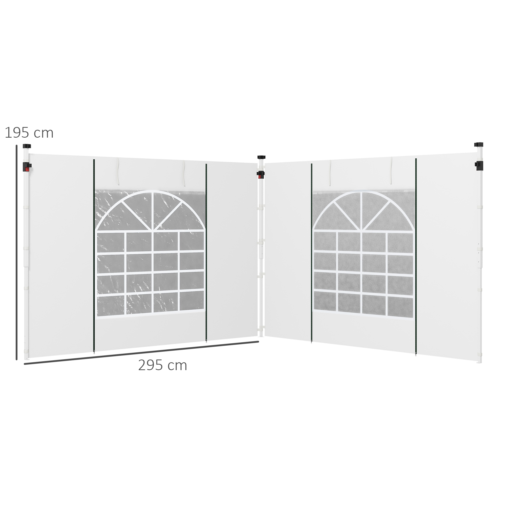 Dos paredes de carpa blancas con ventanas, 195cm de alto, 295cm de ancho.