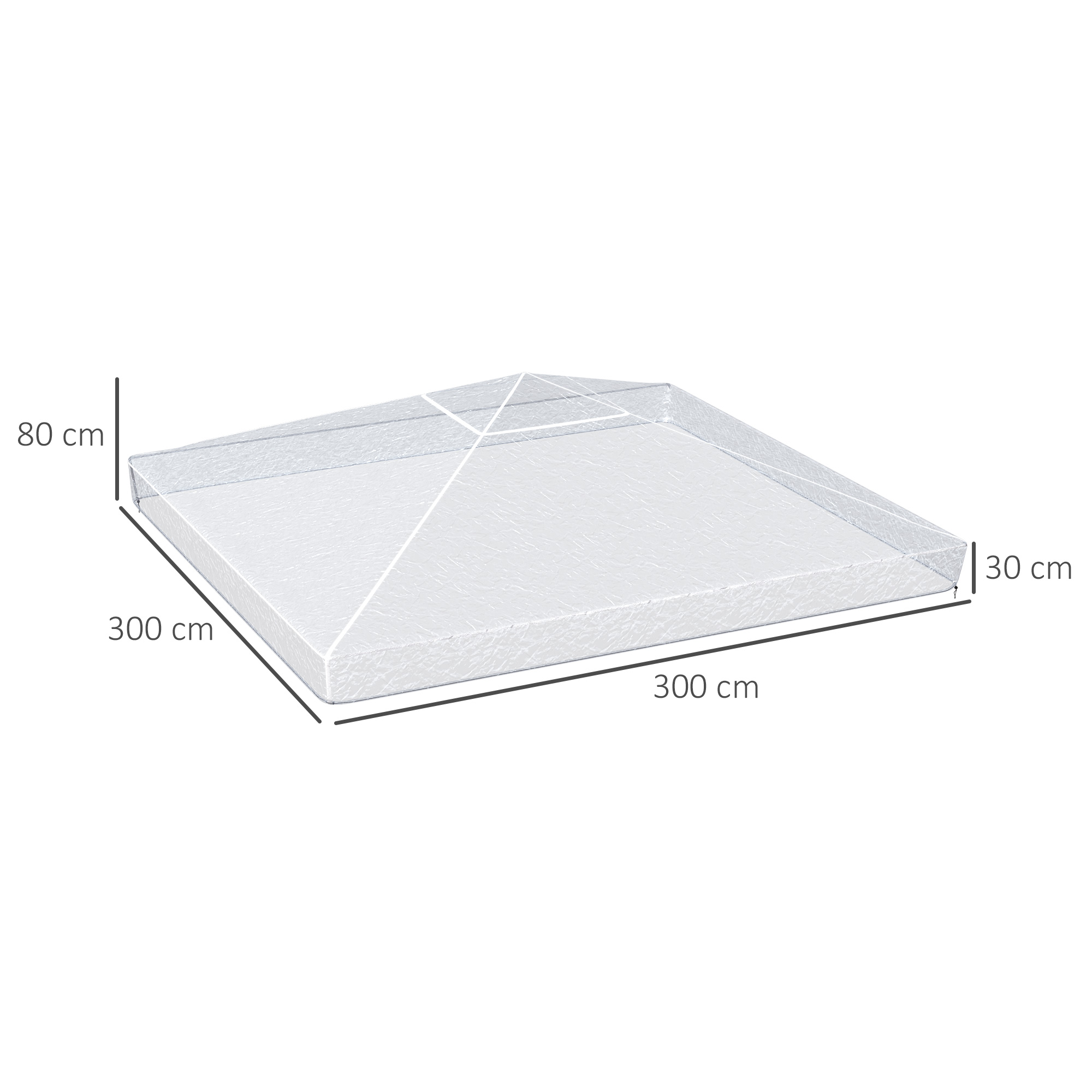 Cubierta de 300x300x80 cm con voladizo de 30 cm y patrón blanco.