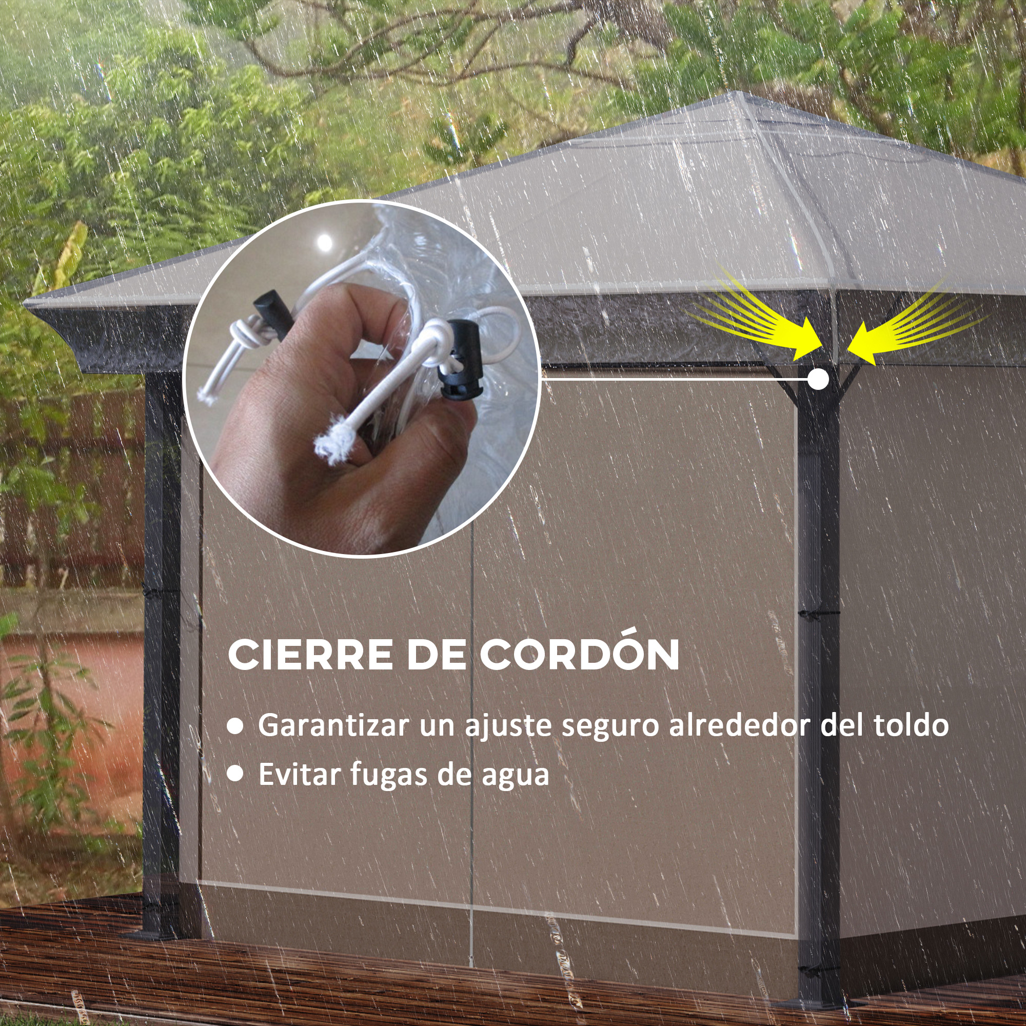 Un cenador bajo la lluvia, con un primer plano del cierre de cordón para una fijación segura.