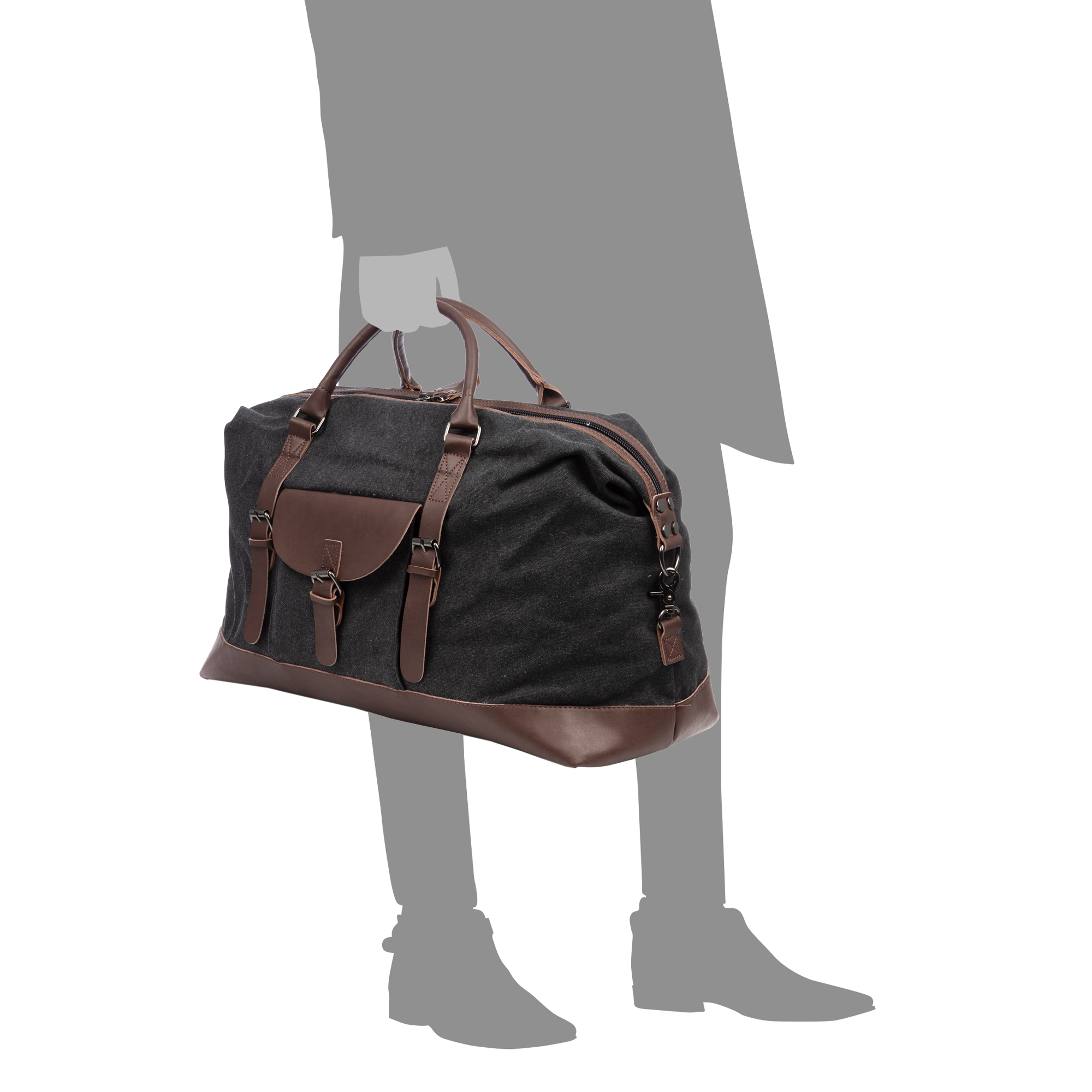 Borsone grigio in tela con accenti in pelle marrone, tenuto da una silhouette grigia.
