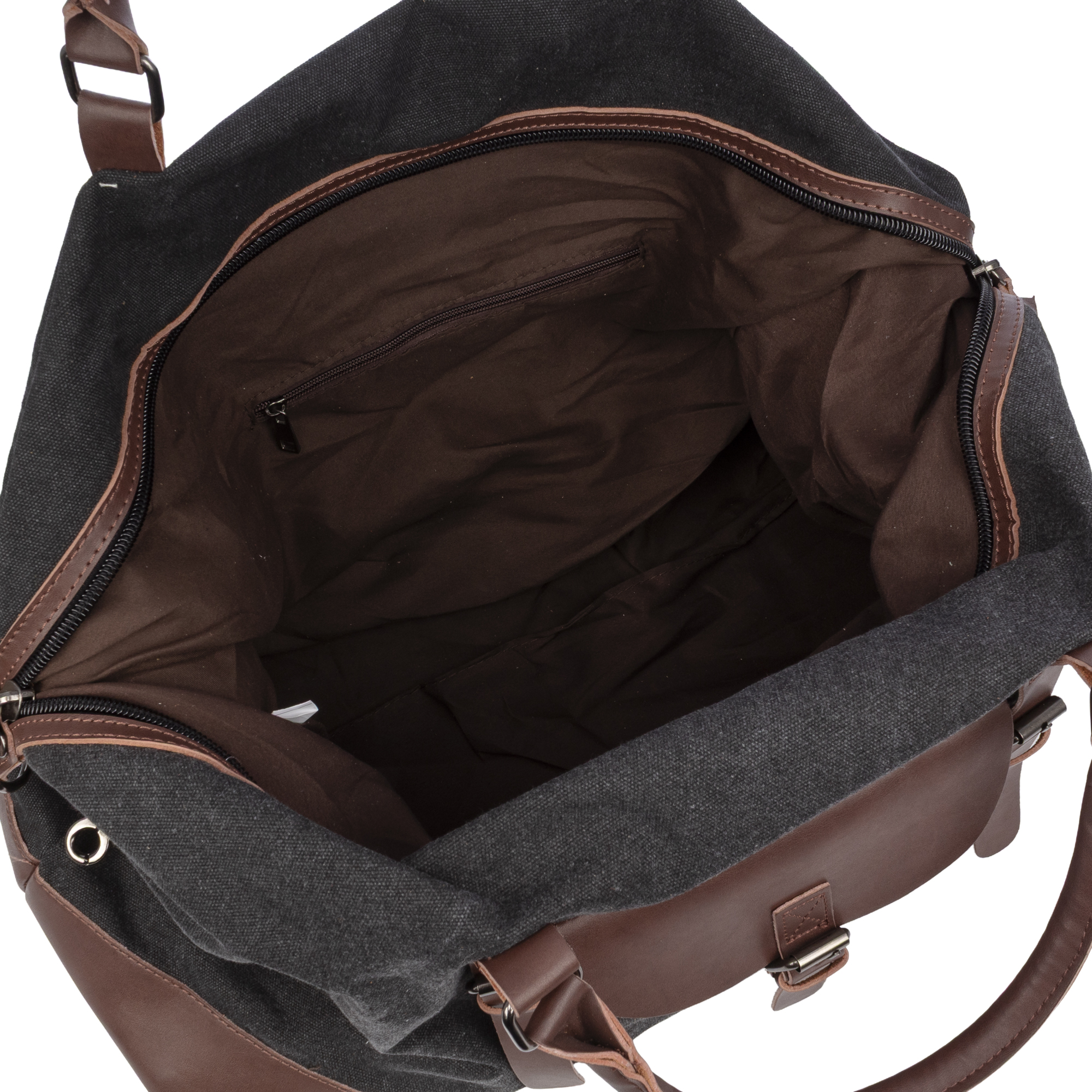 Borsa aperta in tela nera con dettagli in pelle marrone e fodera marrone.