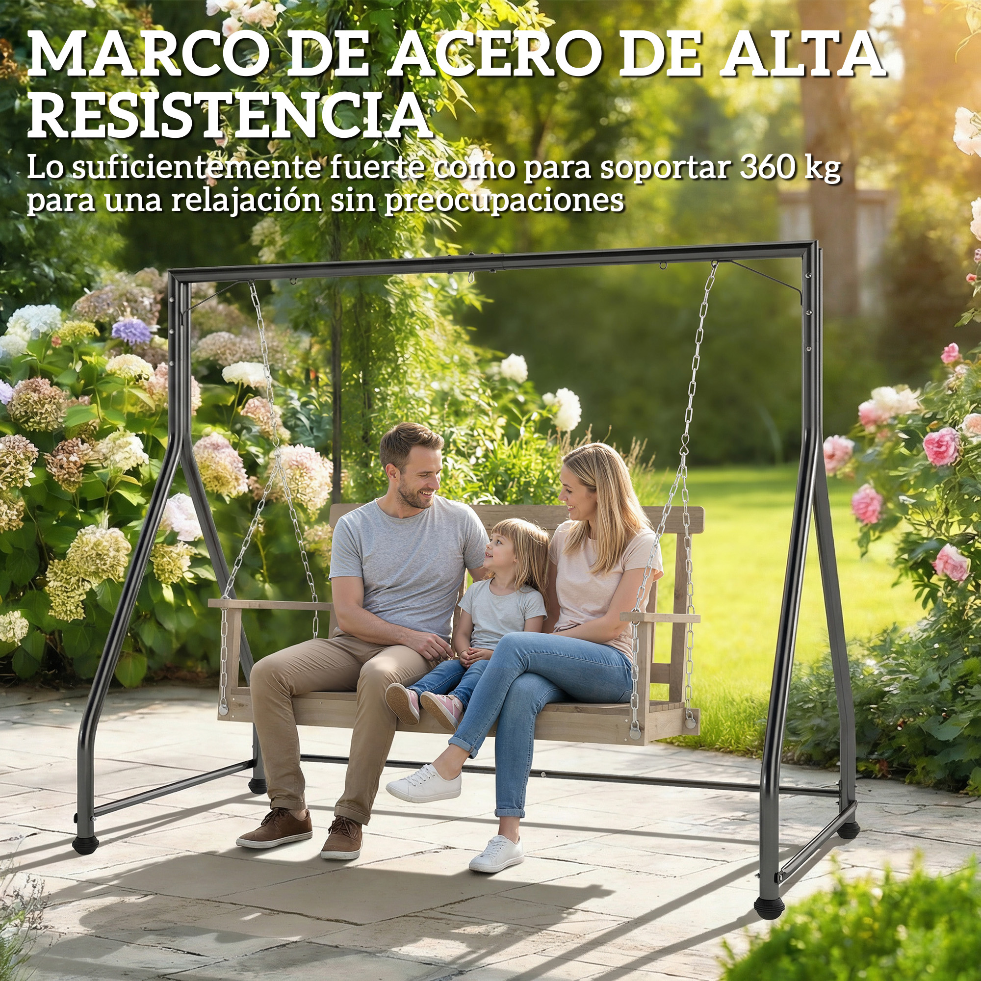 Familia en un columpio de jardín de madera, rodeada de flores.