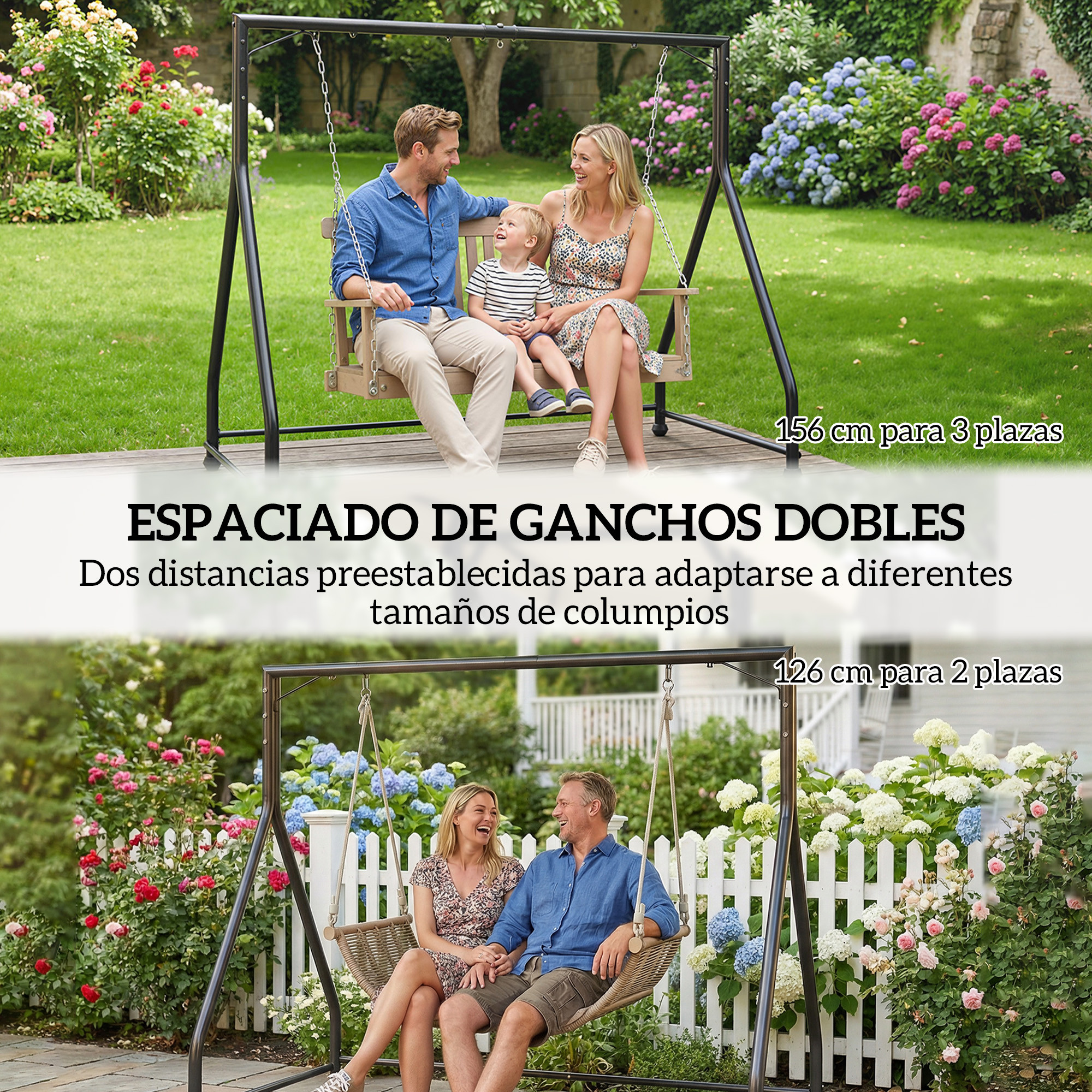Familia en columpios en un jardín, con flores al fondo.