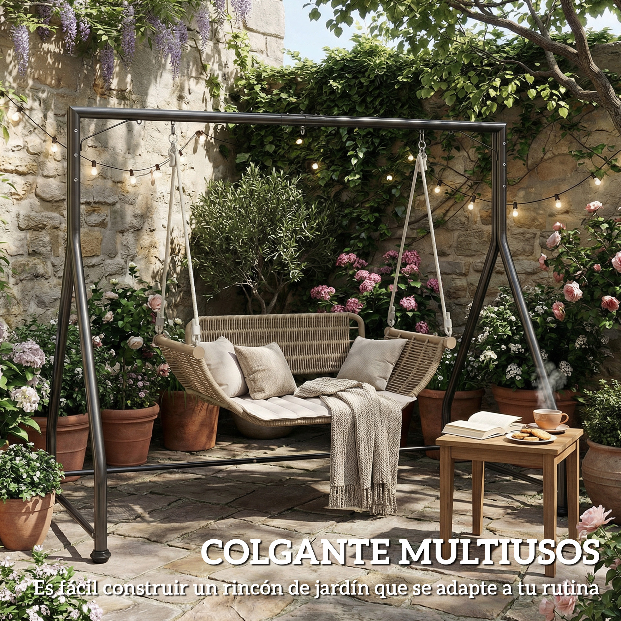 Un columpio colgante de ratán con cojines y manta, rodeado de plantas y luces.