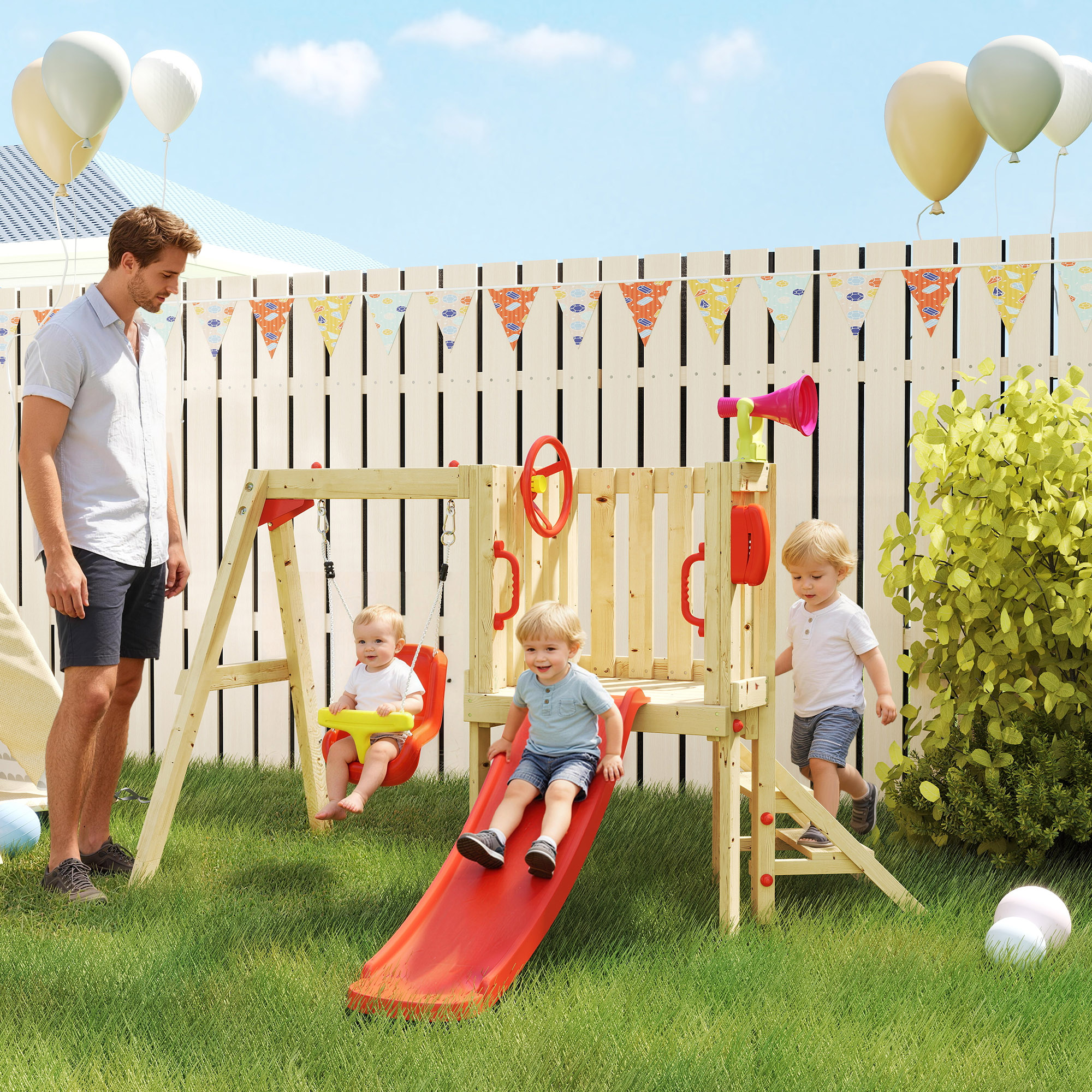 Un hombre y tres niños en un parque infantil con tobogán y columpio. Globos y guirnaldas.