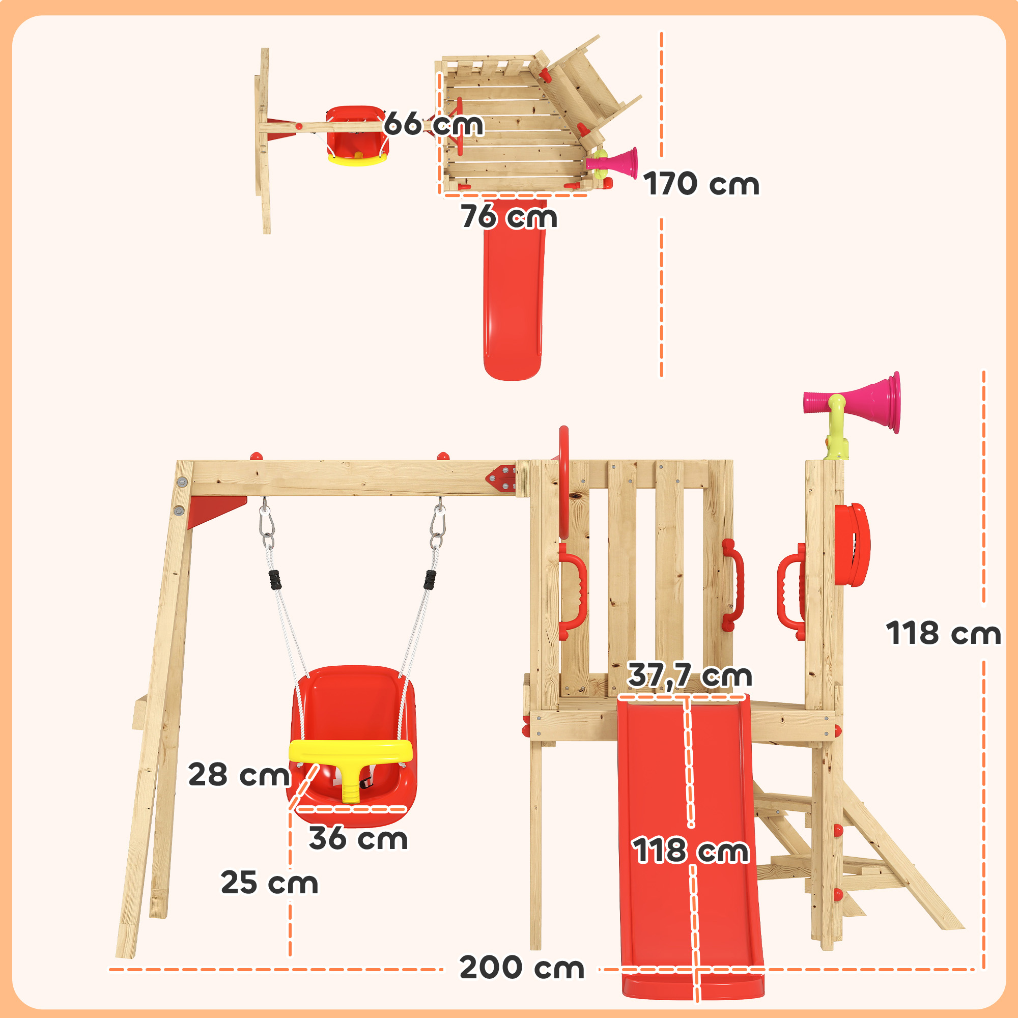 Un juego de madera con tobogán, columpio, teléfono y megáfono. Se muestran las medidas.