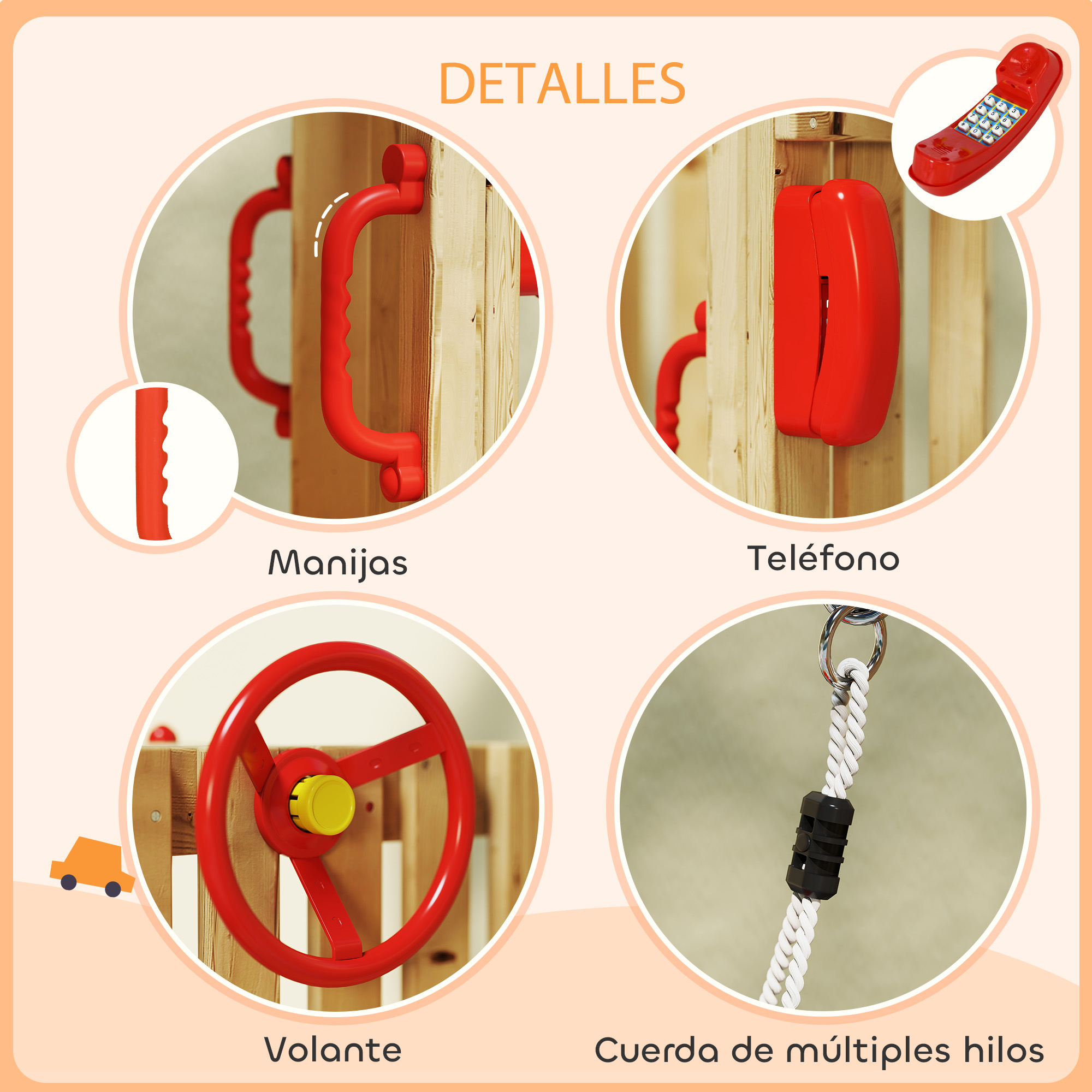 Detalles del parque: asas rojas, teléfono, volante y cuerda.
